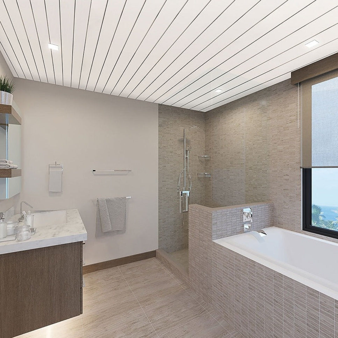 Luxury Bathroom having Beautiful White Silver Strip PVC Cladding on Walls and Ceiing.