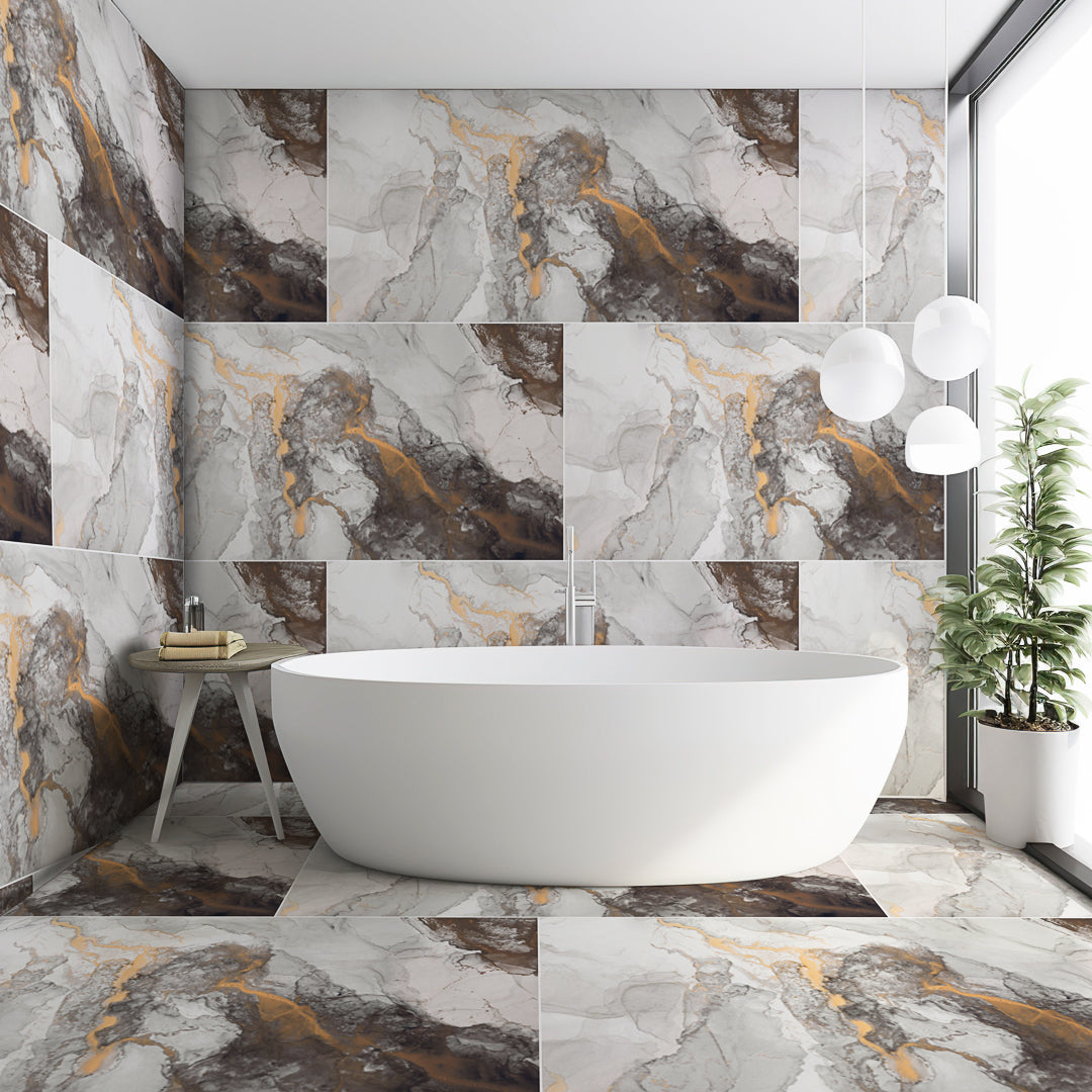Fluid Gold: Aesthetic Tiles with Grey and Gold Swirls