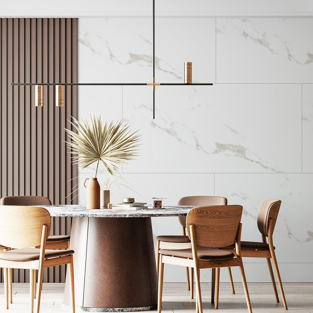 Luxury house having Statuario Feather Marble tile on walls .