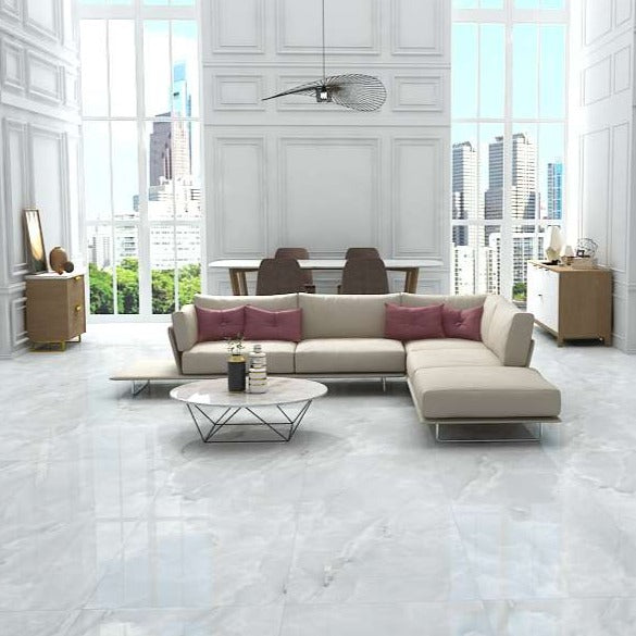 Luxury House interior having Antico Bianco Marble tiles on Floor.