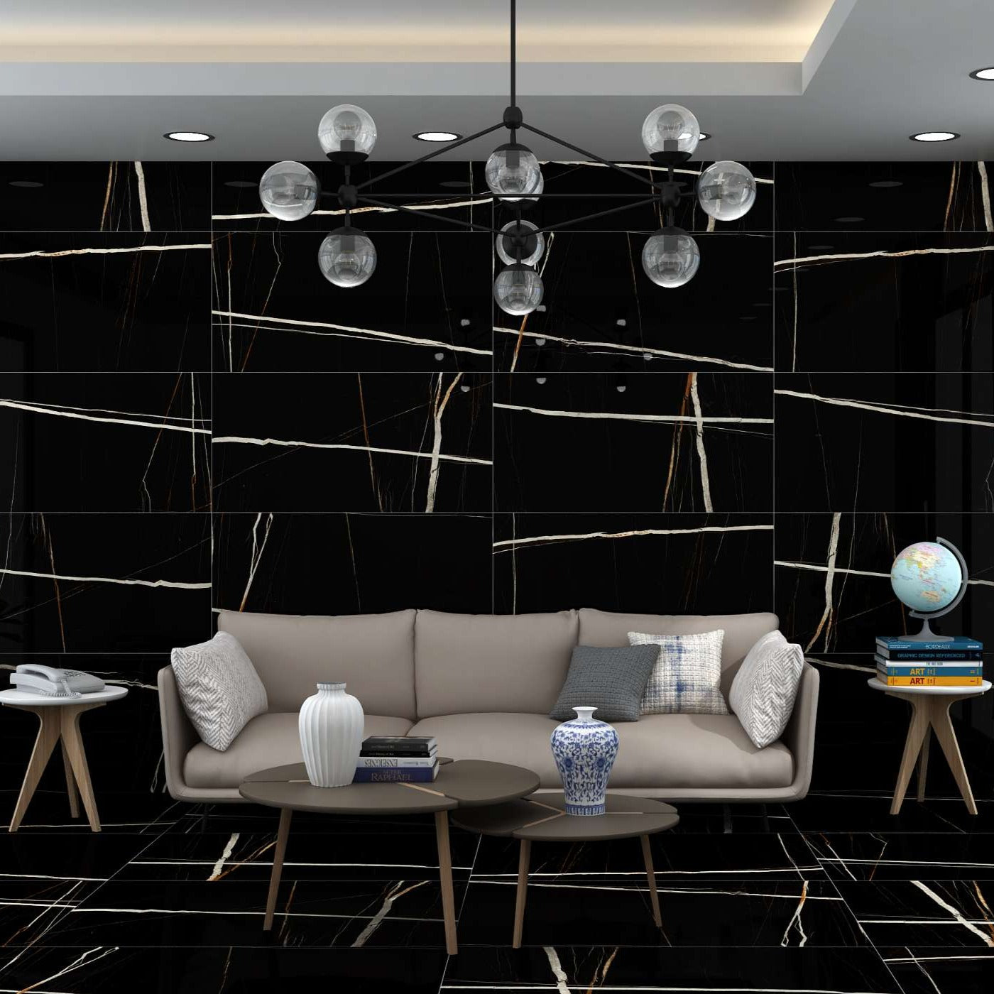 Luxury House interior having Polished Black Marble tiles on walls and floor.
