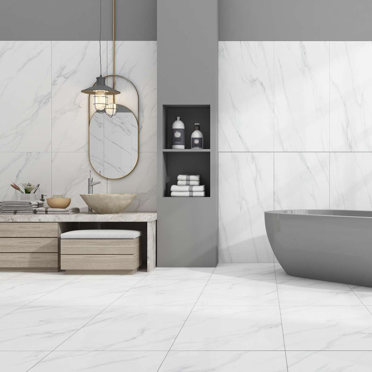 Luxury Bathroom having Polished Glazed CALACATTA GARIMAP Reflecting Marble tiles on walls and floor.