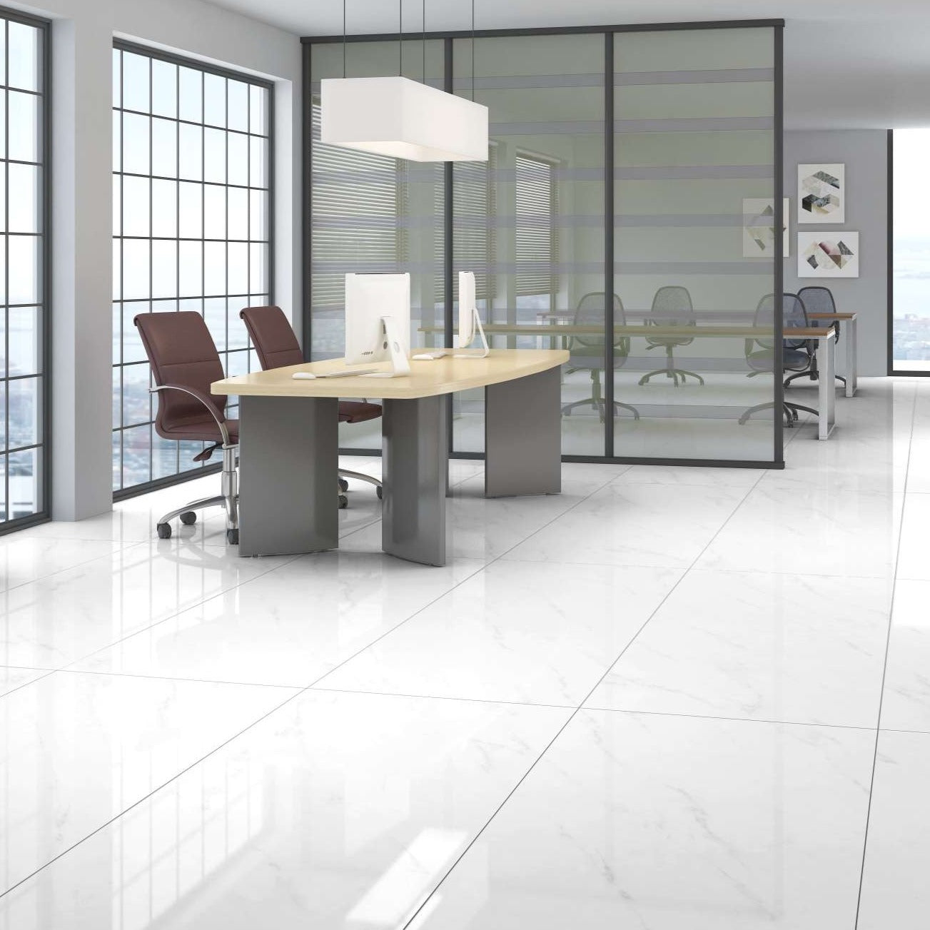 Luxury House interior having Polished CALACATTA MOZA reflected Marble tiles on floor .