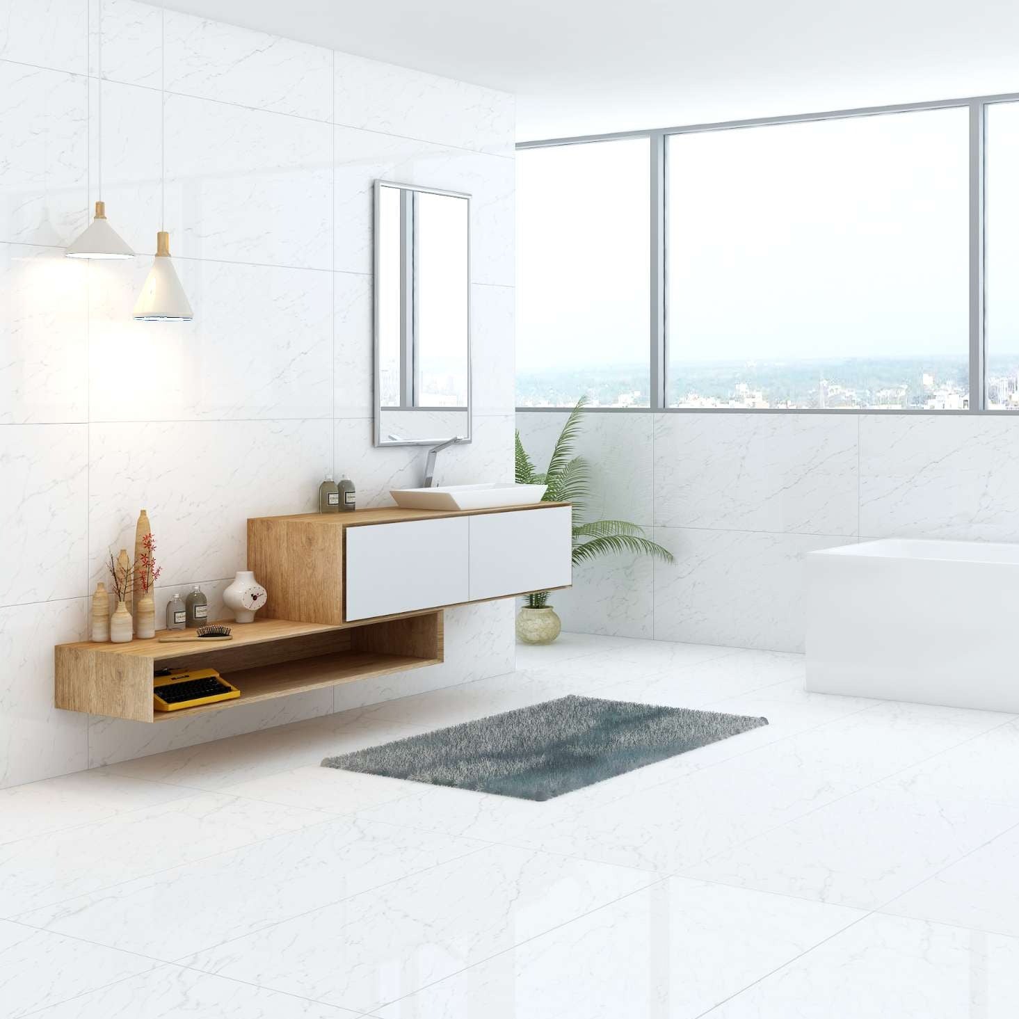 Luxury House interior having Calacatta Tokyo Marble tiles on floor .