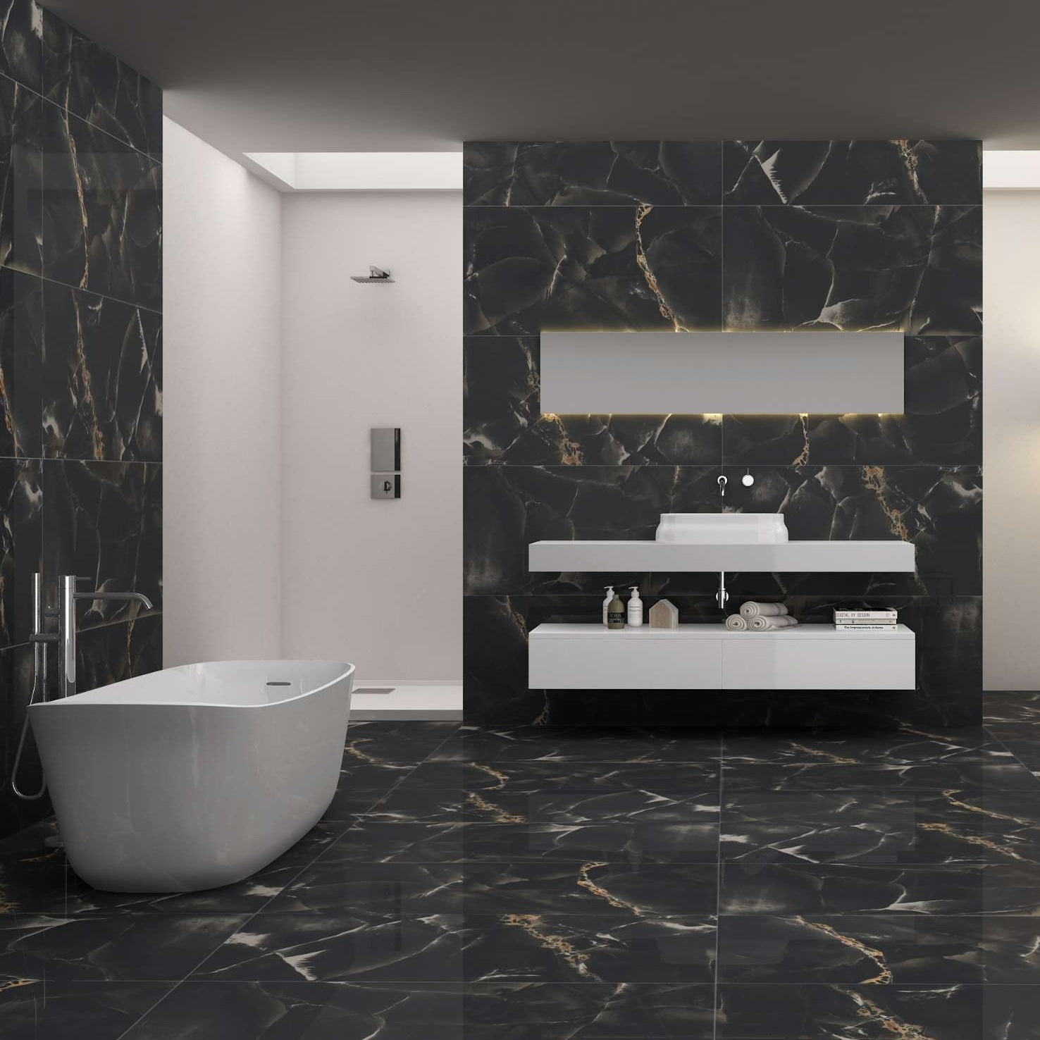 Luxury Bathroom having Crystal Onxy Polished Marble tiles on walls and floor.
