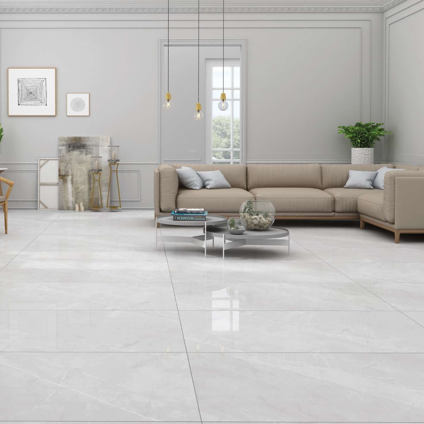 Luxury House interior having White Marble tiles on floor .