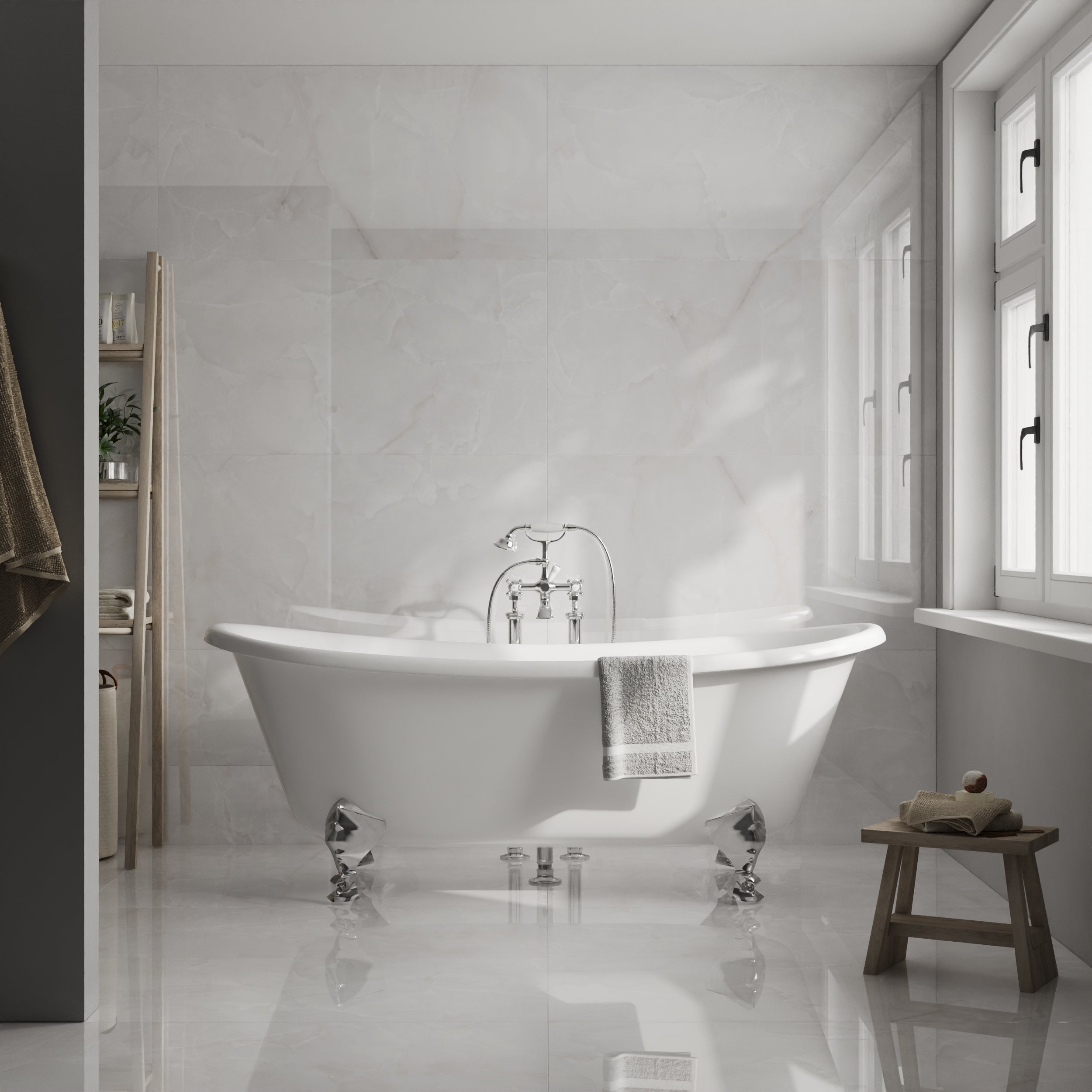 Glossy Hawai White Tile: Pristine white tiles for a minimalist and elegant finish