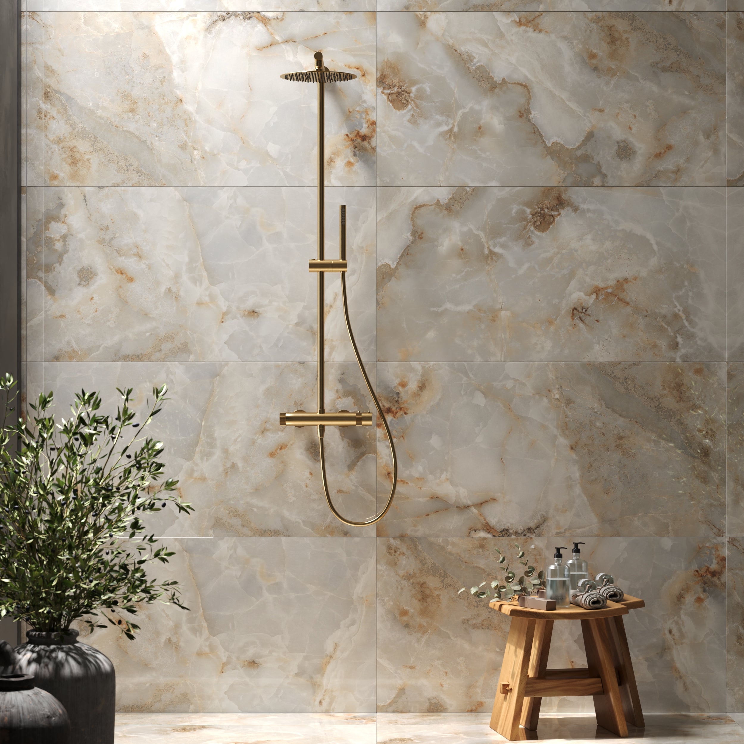 Thornton Neutral: Polished beige onyx marble effect rectified tiles