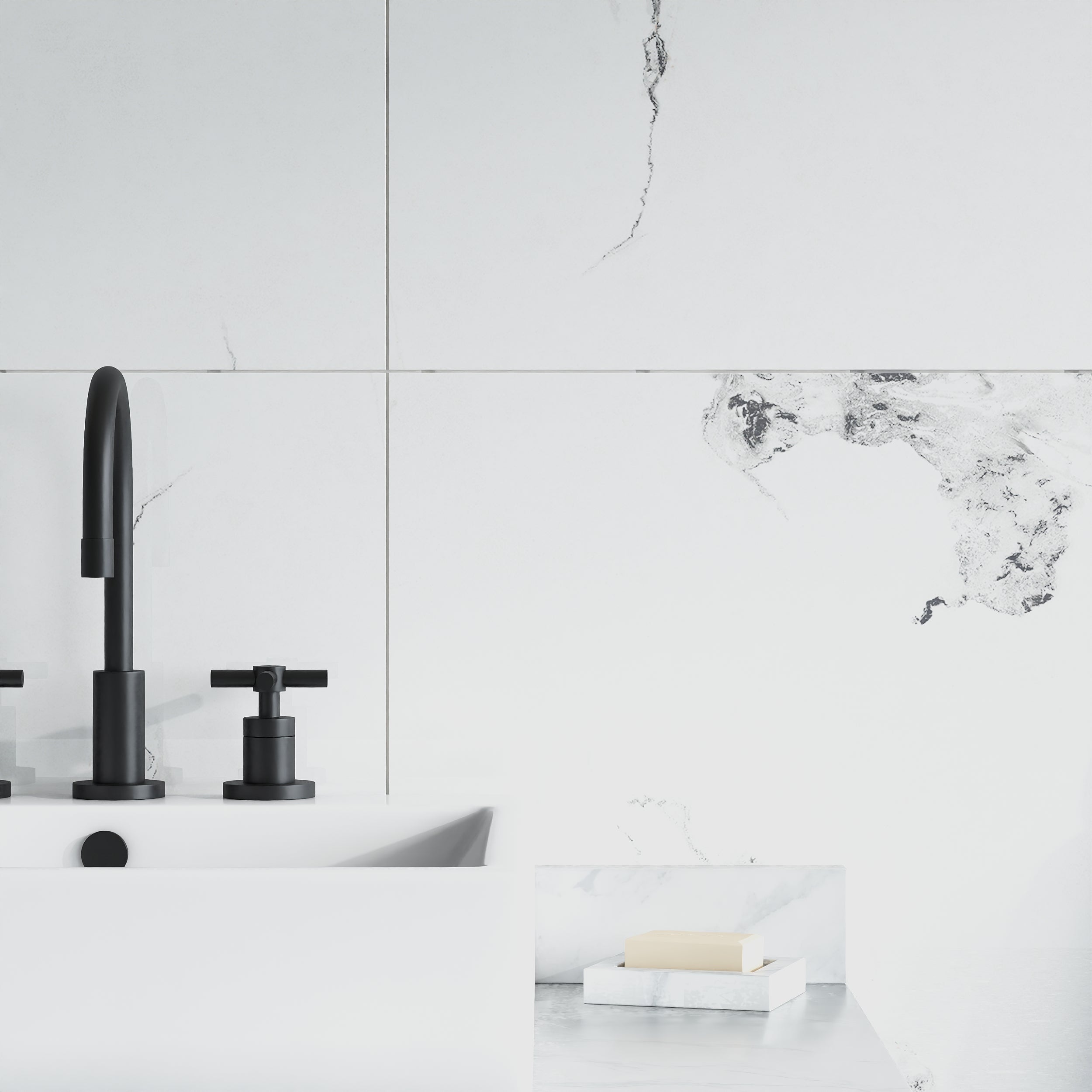 Glossy Thundur Statuario Tile: Bold veined Statuario marble-style tile with a bright finish