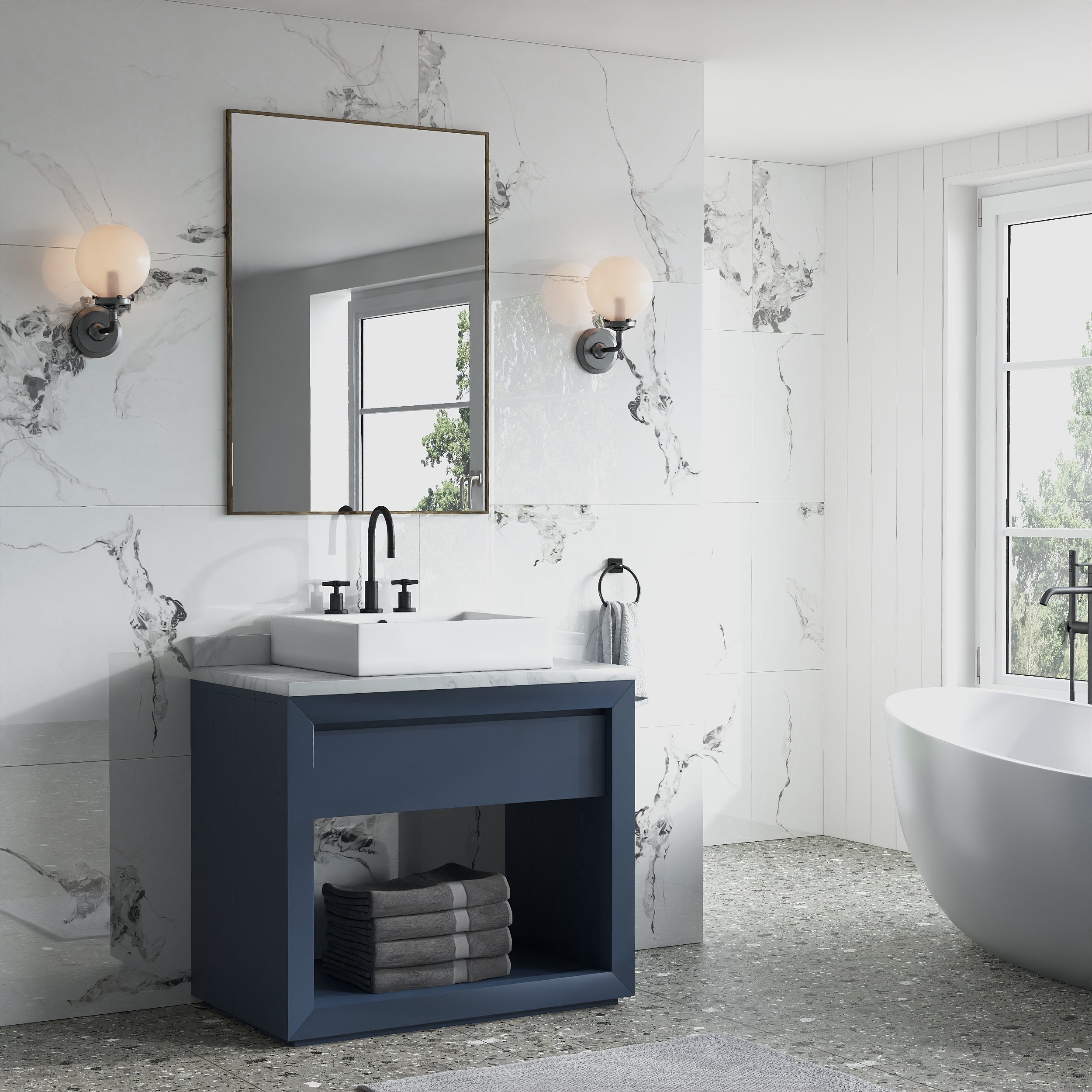 Glossy Thundur Statuario Tile: Bold veined Statuario marble-style tile with a bright finish