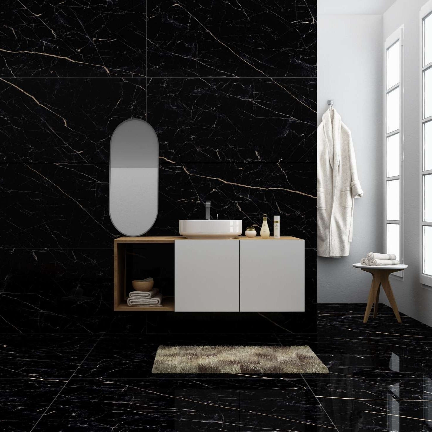 Luxury Washroom having MADDY BLACK Marble tiles on floor and on walls.