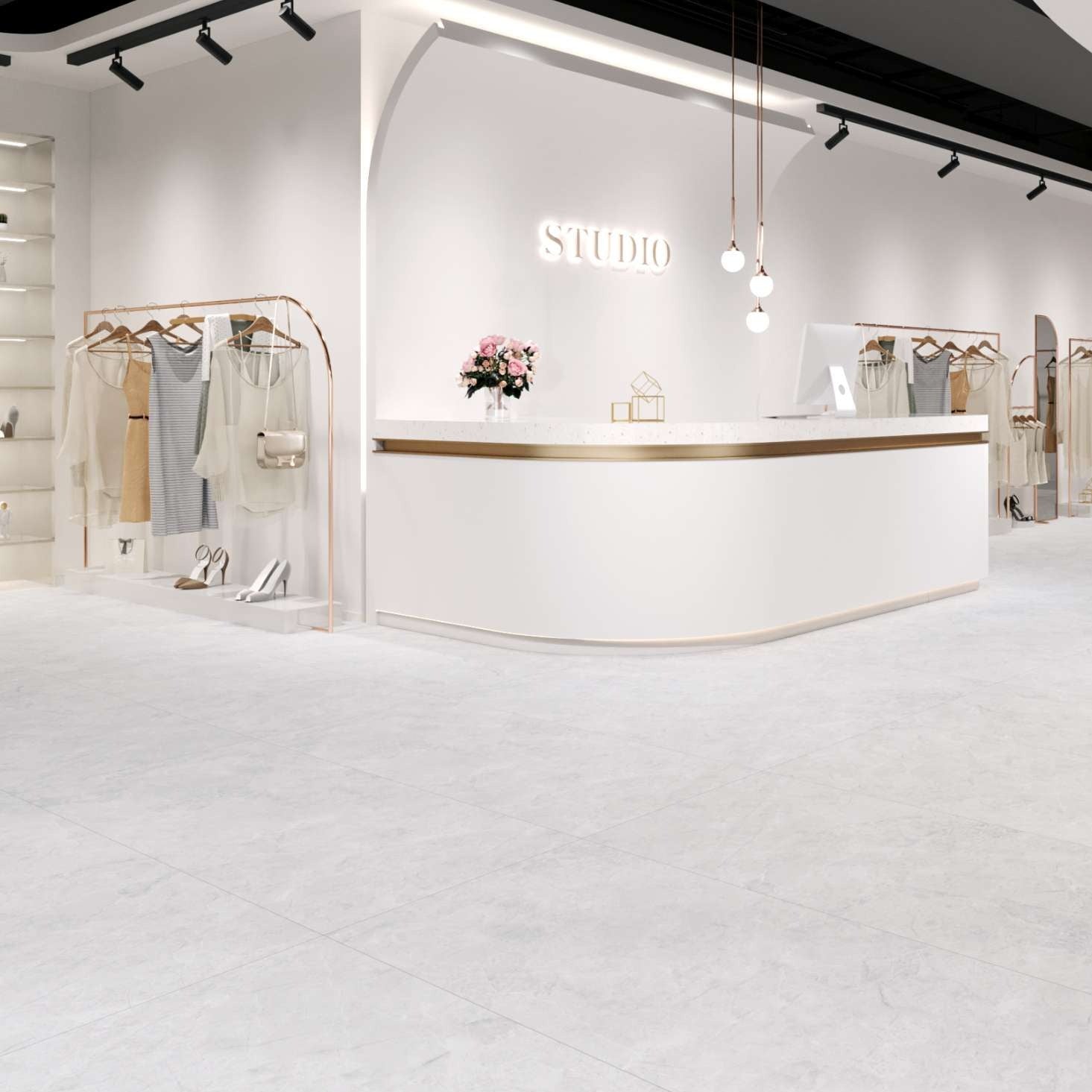 Luxury Studio having MARINA GREY Marble tiles on floor .