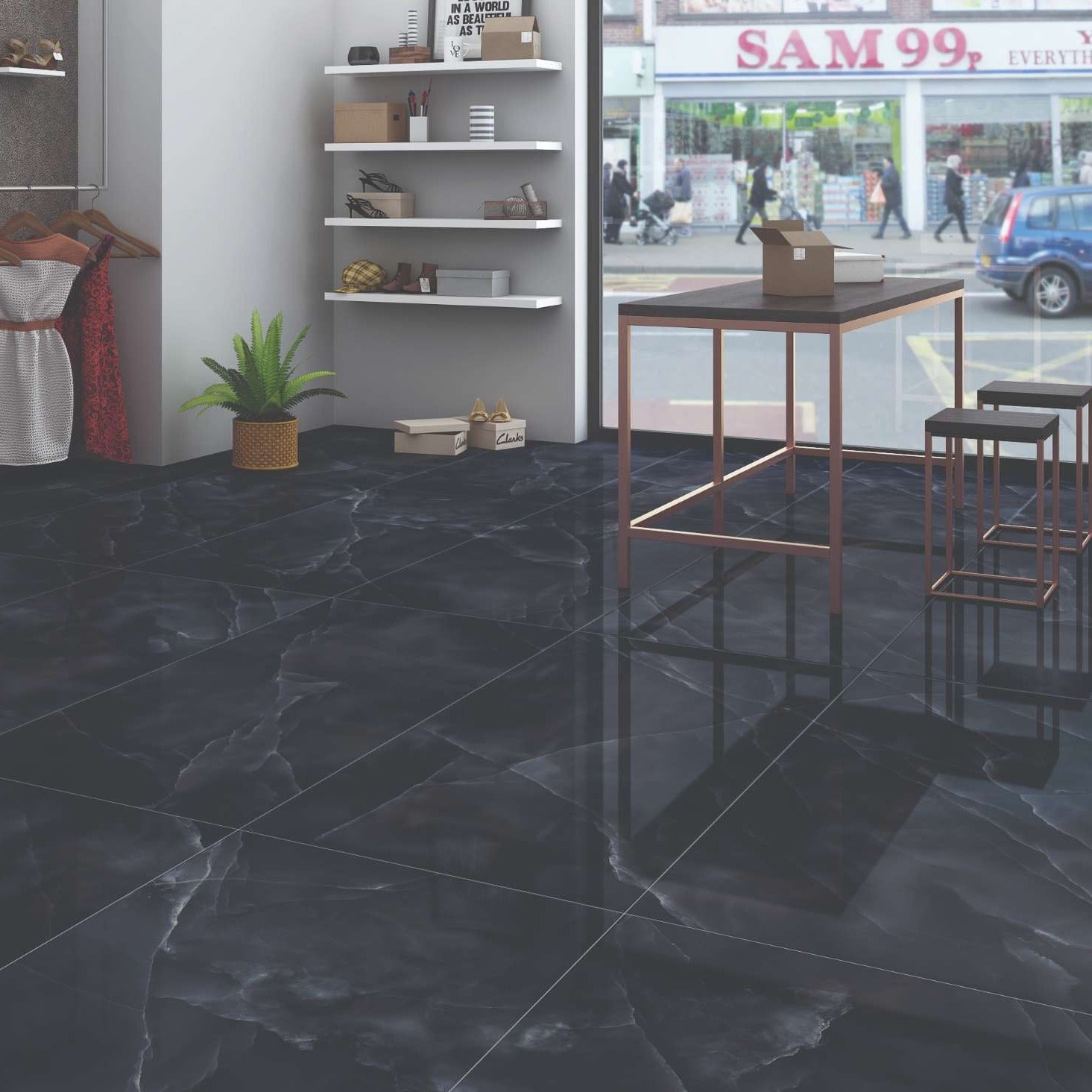 Luxury house interior having Black Marble tiles with cloudy veins on floor .