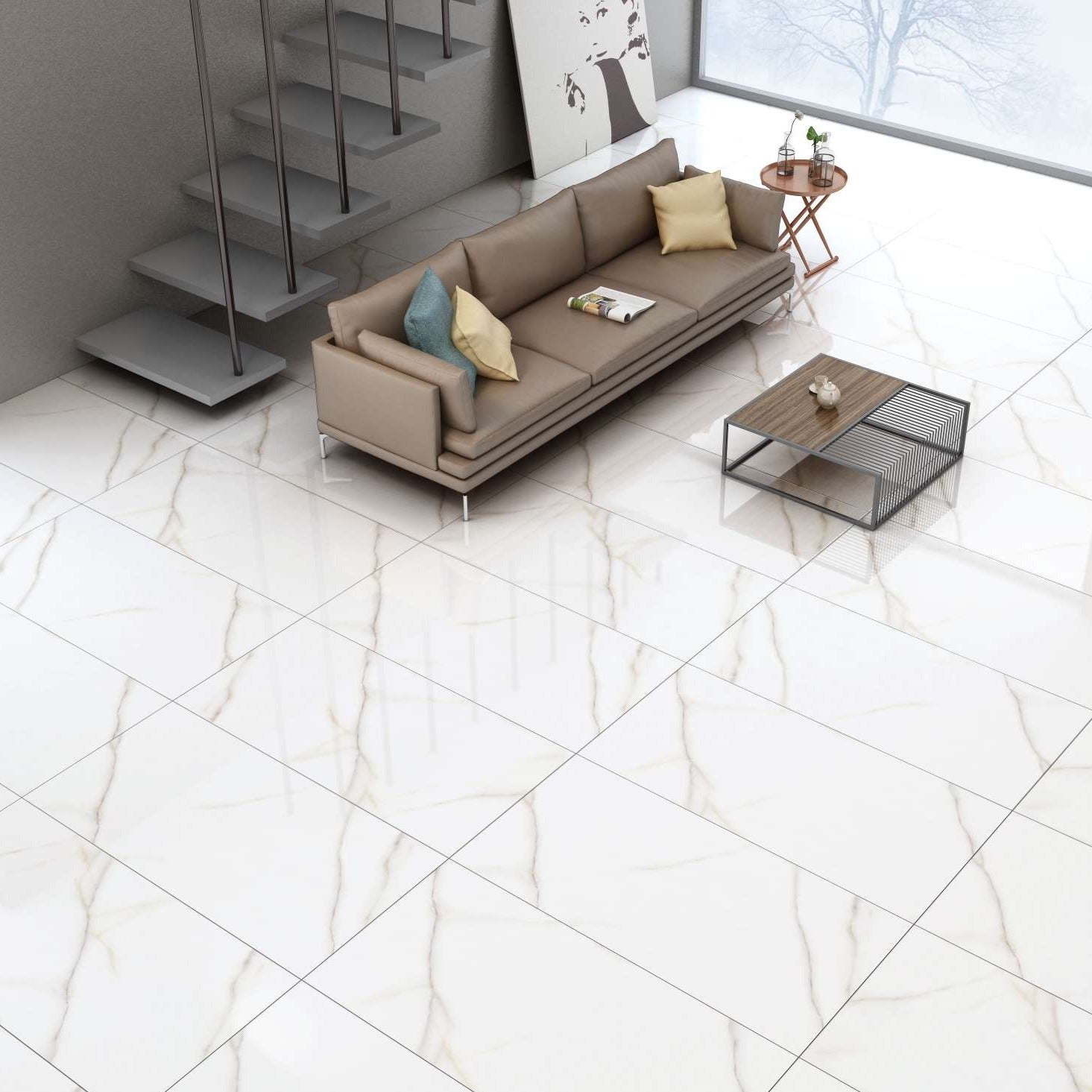 Luxury house interior having ONYX MALTA WHITE Marble floor tiles.