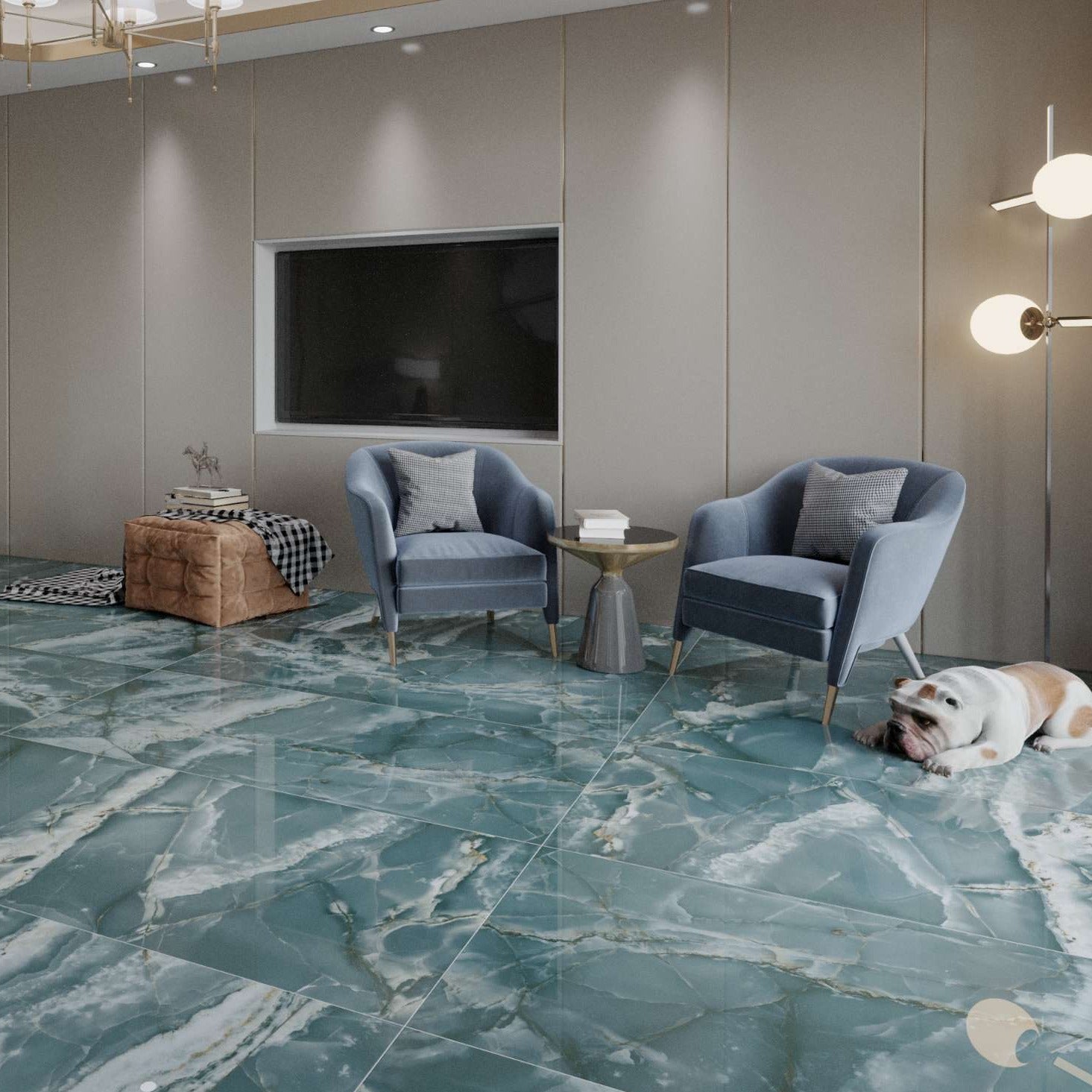 Luxury house interior having Onyx Ocean Marble floor tiles.
