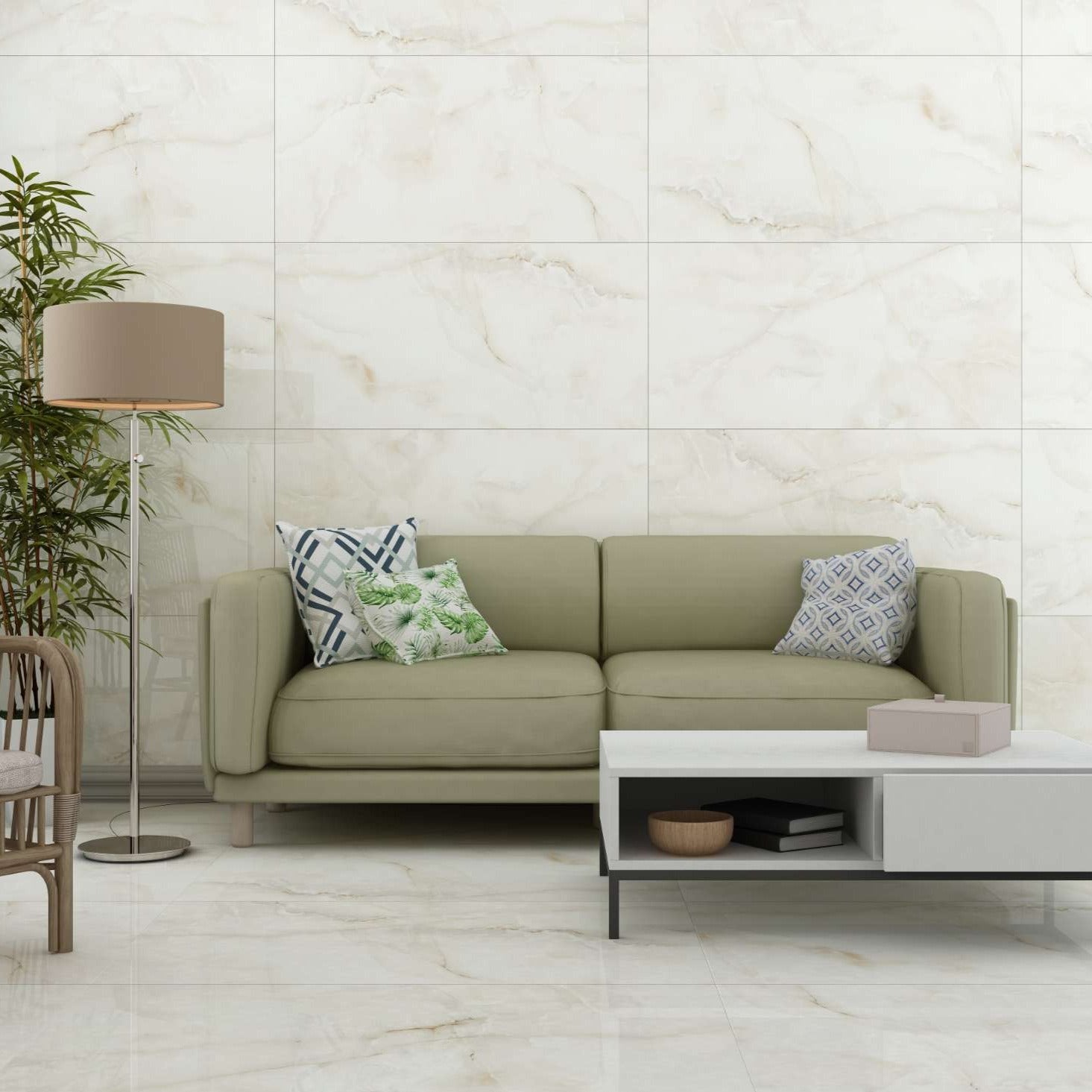 Luxury house interior having Shining Onyx White ceramic tiles on walls and on floor.