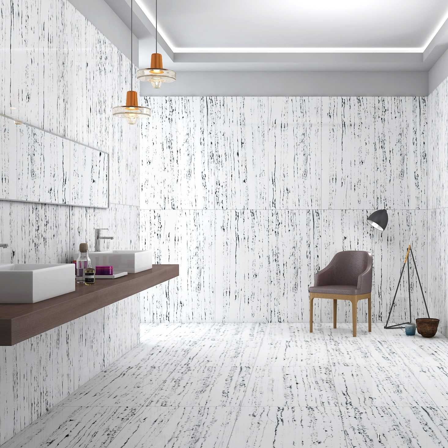 Luxury house interior having Prothro White Polished Marble tiles on walls and on tiled floor.