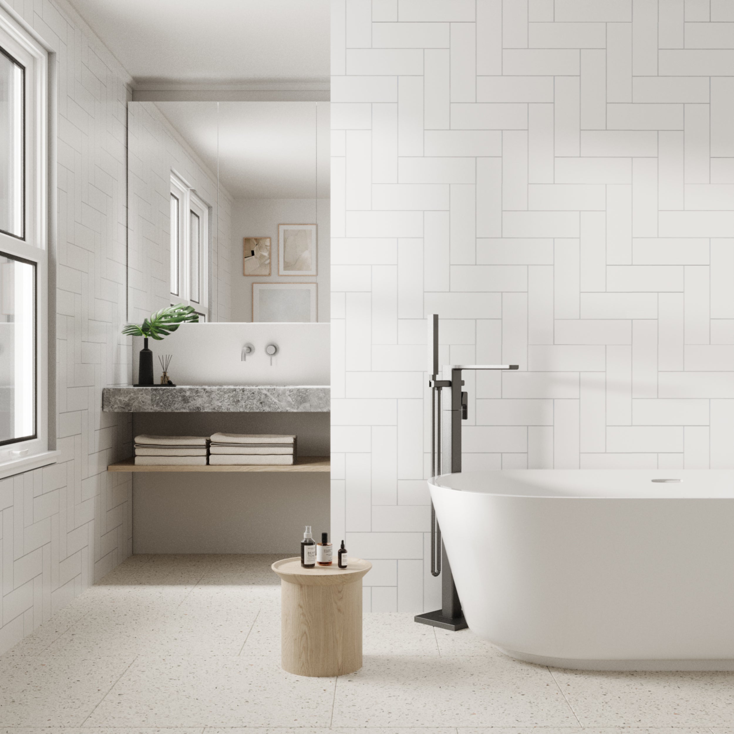 WHITE HERRINGBONE - Classy White Straight Herringbone Panel with Dynamic Pattern