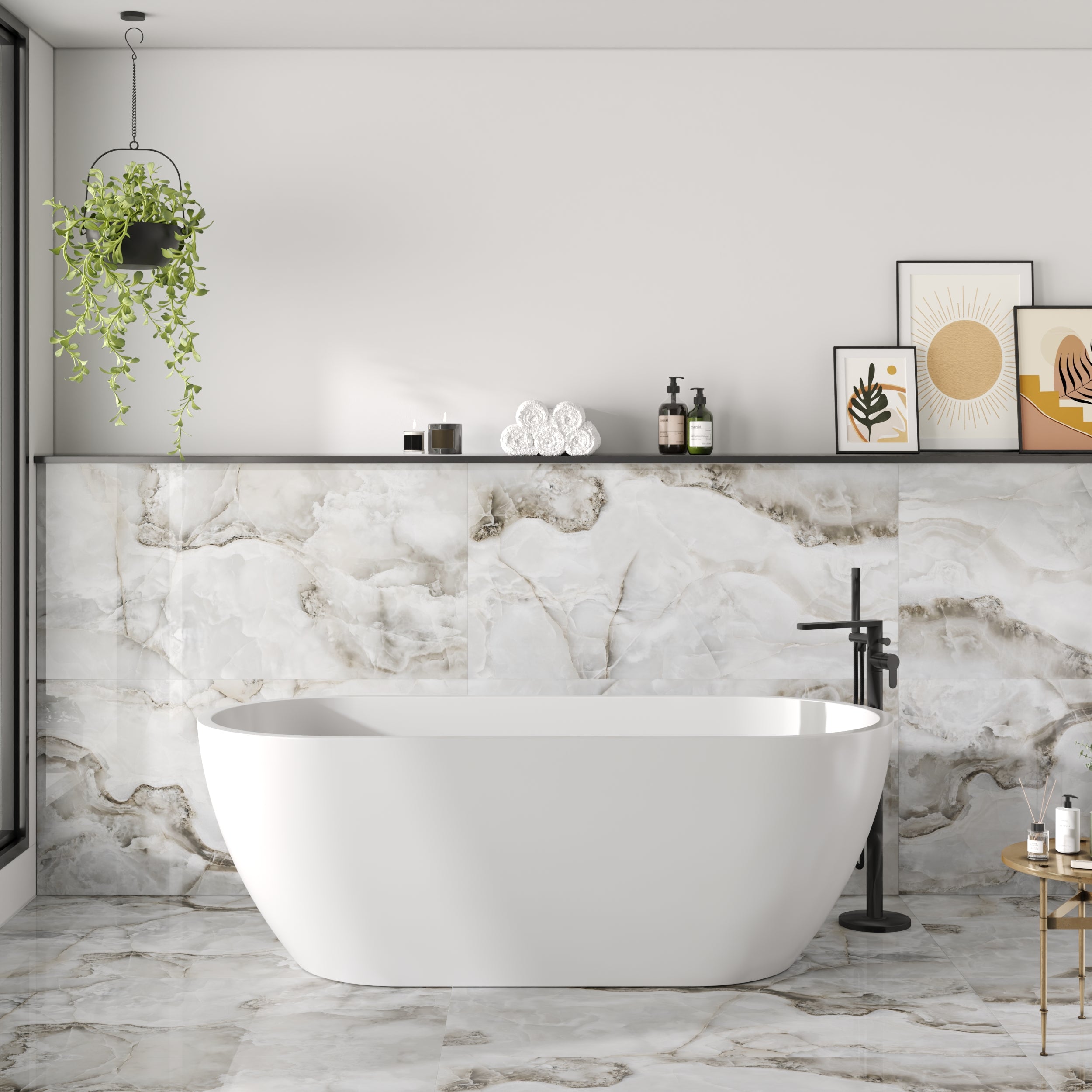 Glossy Astrus Tile: Rich dark grey and white tiles for a bright marble effect
