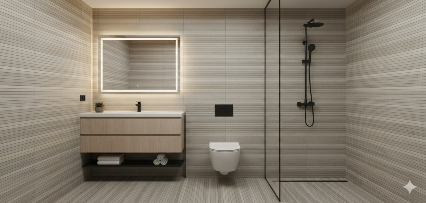 Acacia wood effect tiles in porcelain wall and floor tiles with natural finish