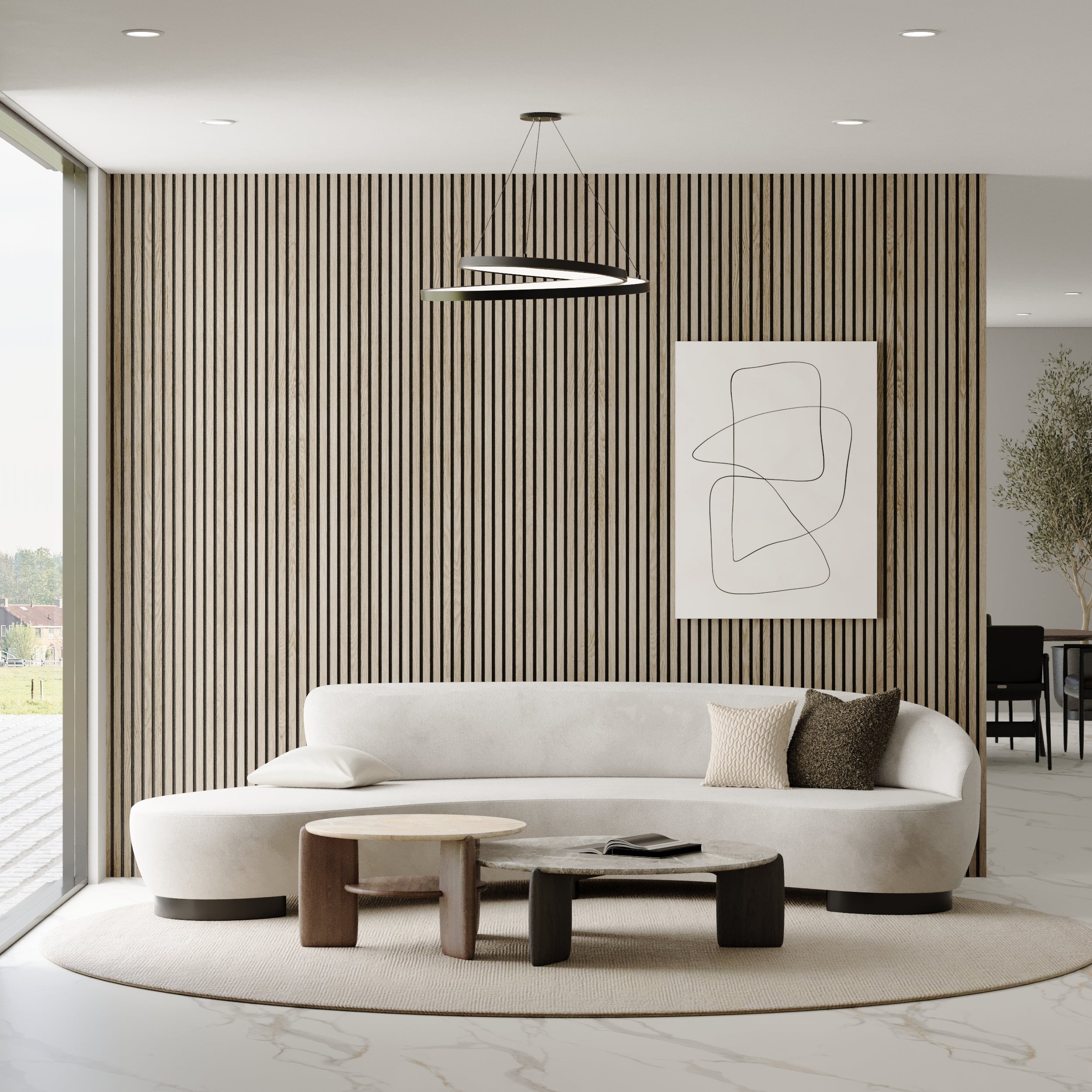 Acoustic light oak sound absorbing panels with vertical slats for modern interior walls and calm spaces.