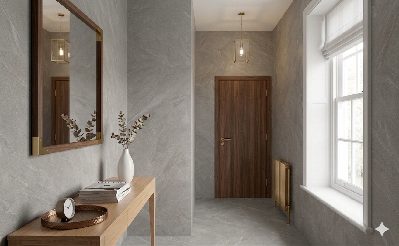 Altair Grey Porcelain Stone Effect Tiles with modern geometric design and contemporary matt finish