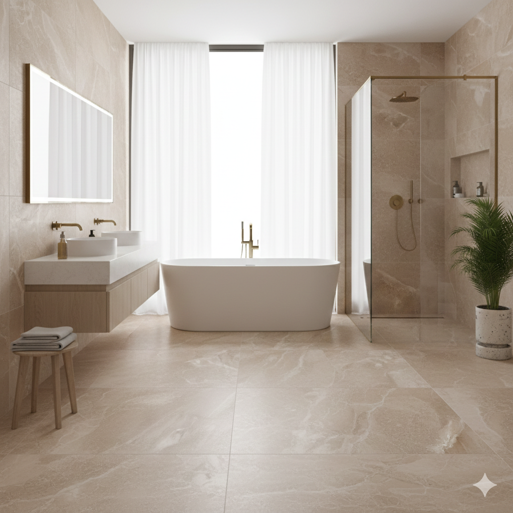 Antiqua Beige porcelain wall and floor tiles with matte finish and elegant gold accents.