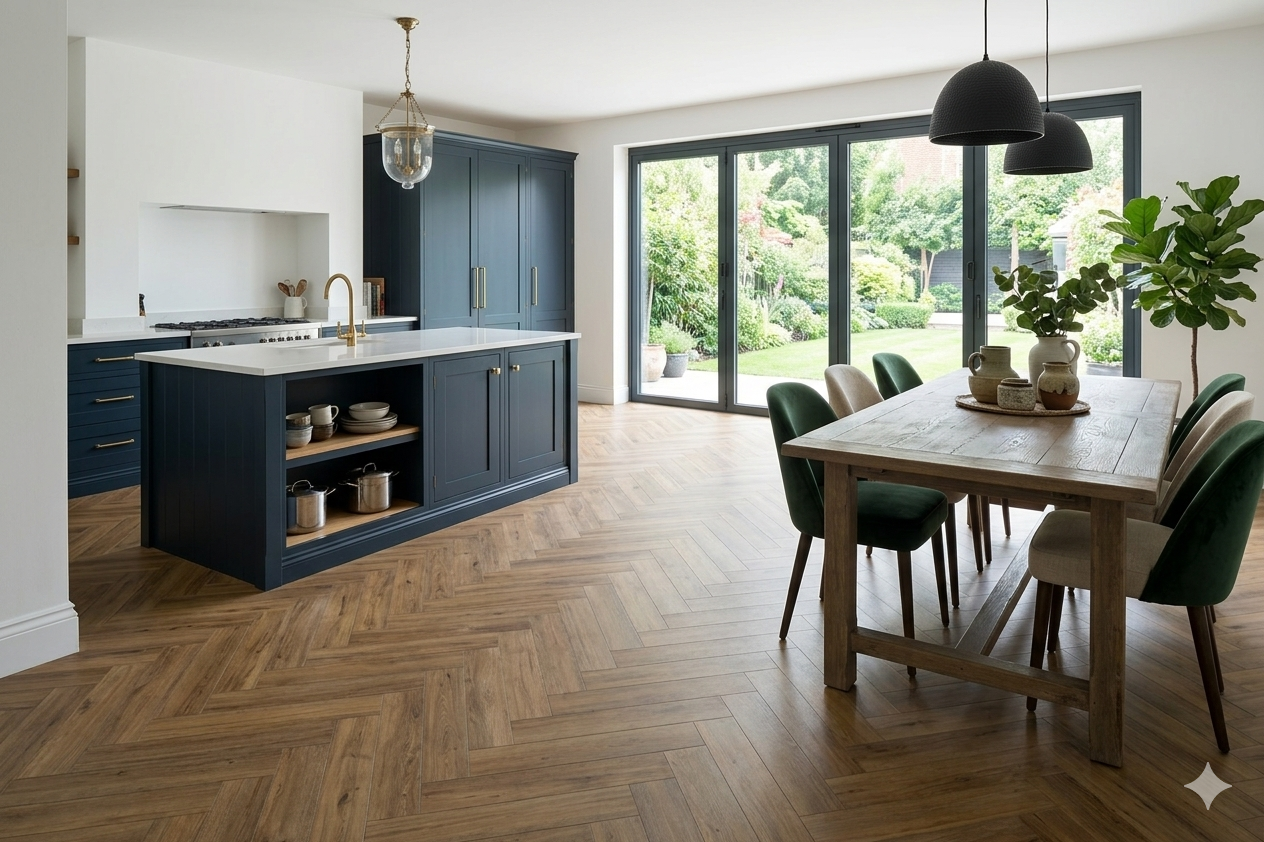 Antique Oak herringbone LVT SPC Flooring with authentic wood grain and durable matt finish
