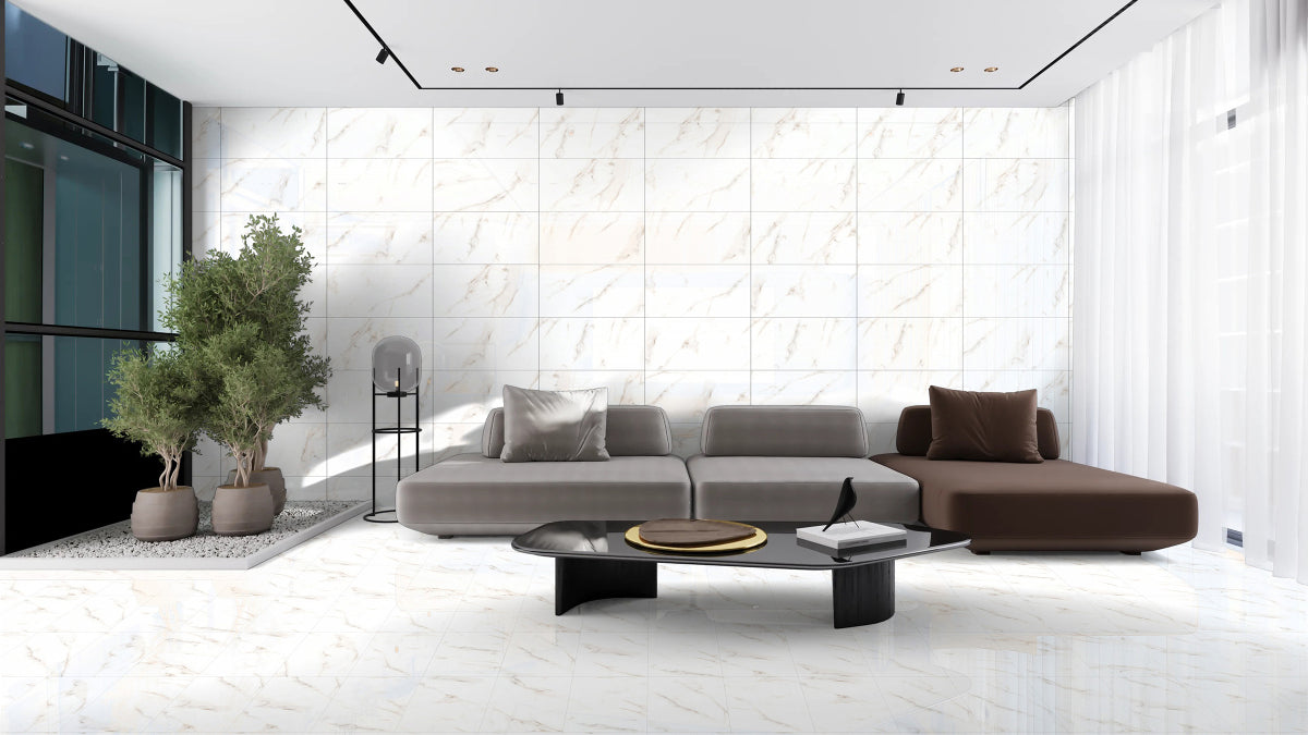 Apuan Statuario polished rectified marble effect porcelain wall and floor tiles for modern interiors.