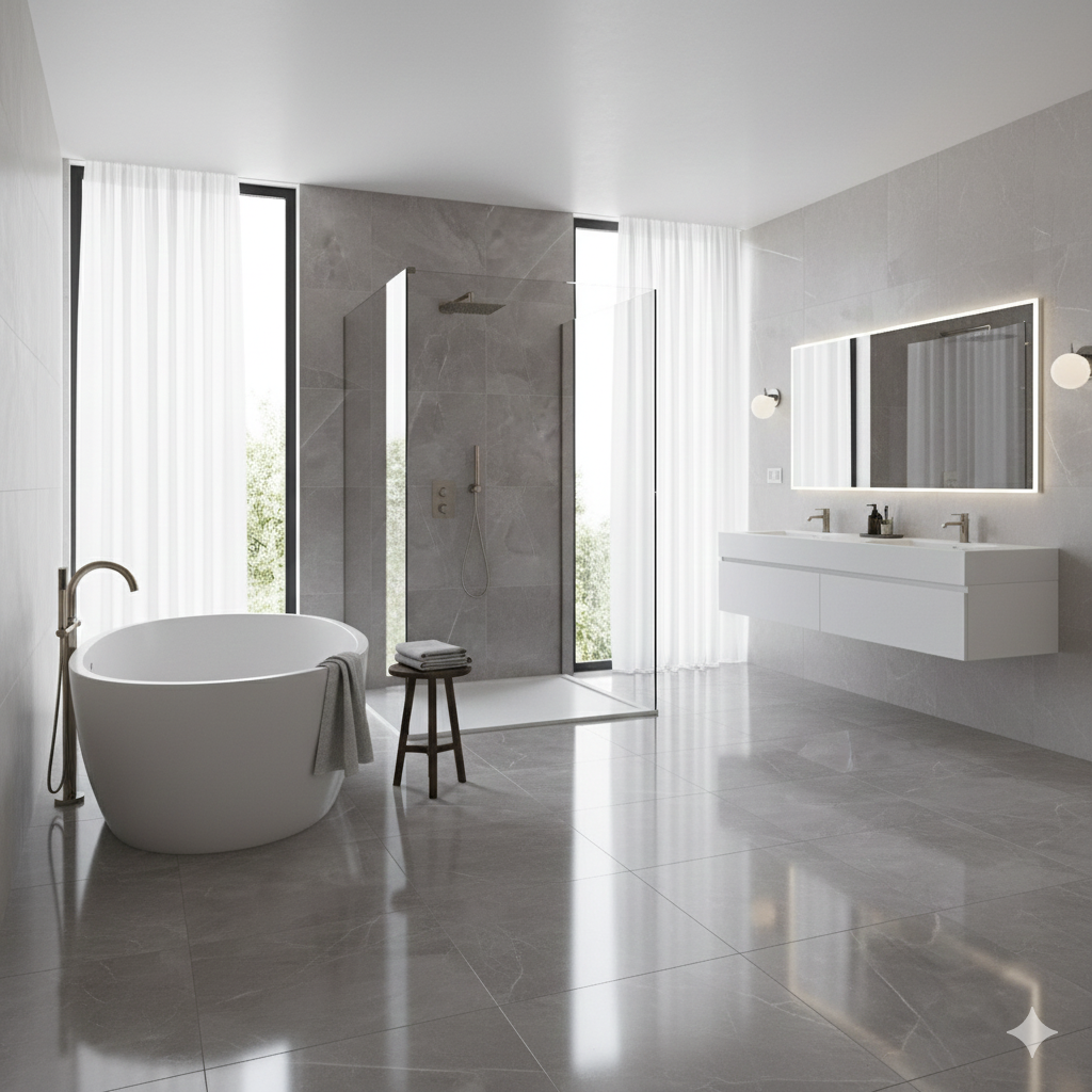 Armani Gris polished grey porcelain wall and floor tiles with sleek high-gloss finish.