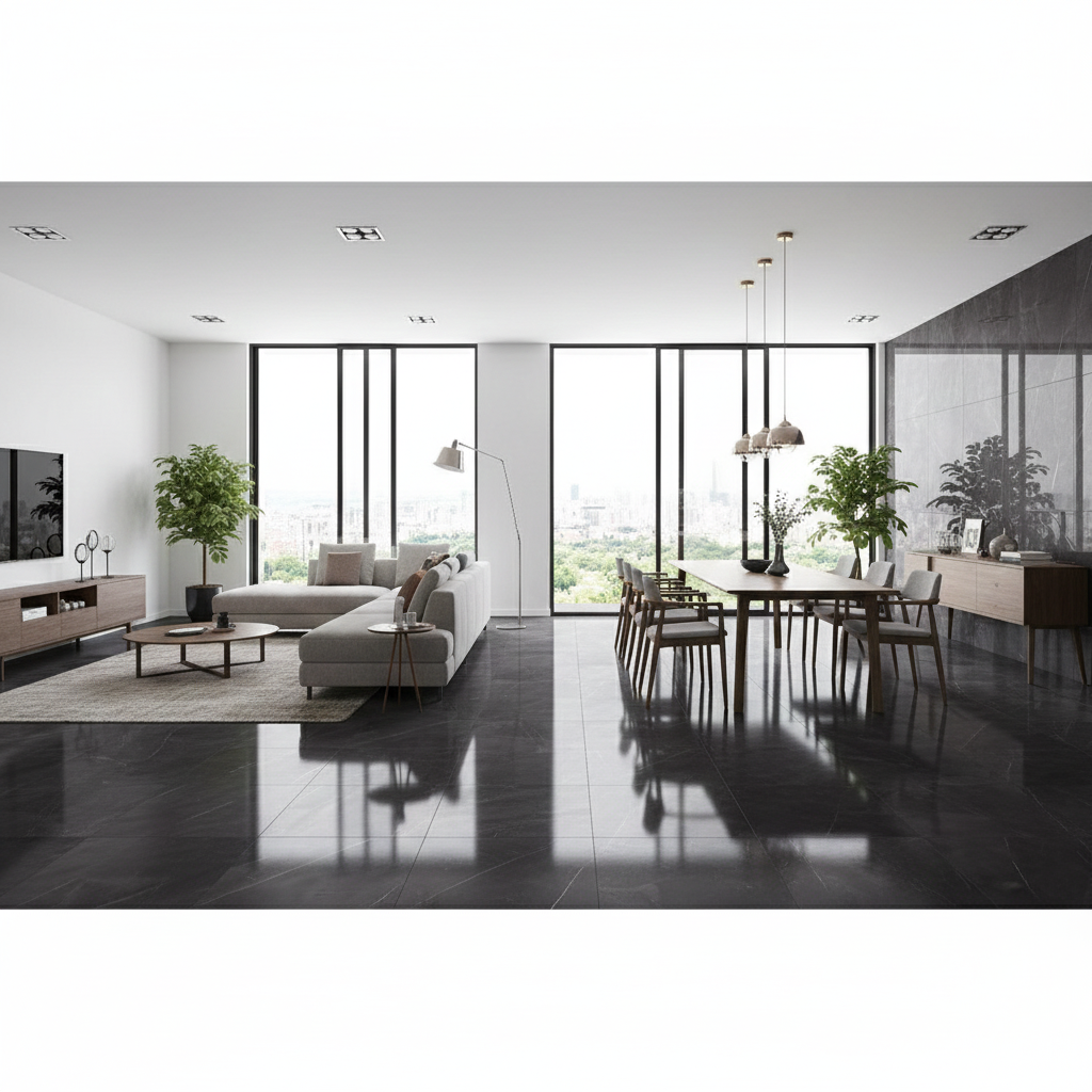 Armani Nero polished black porcelain wall and floor tiles with glossy luxury finish.