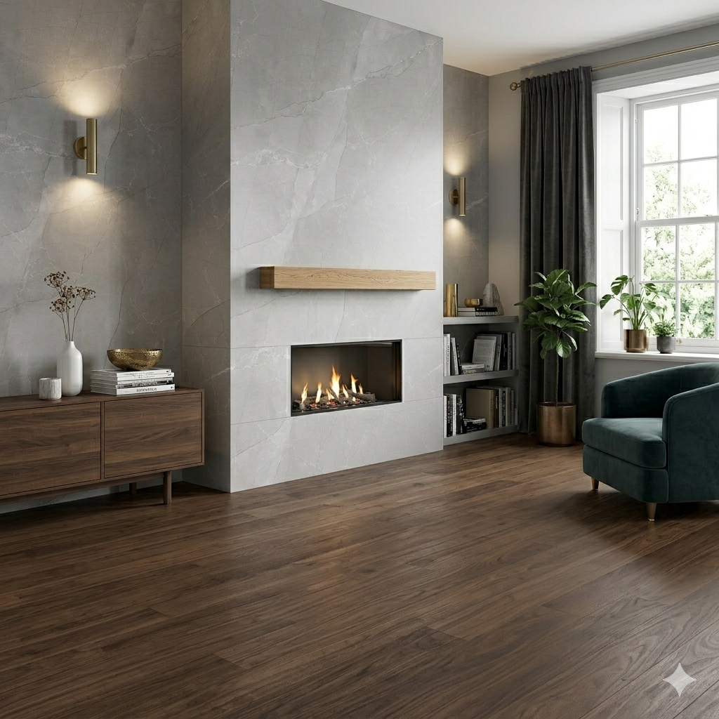 Armany Grey marble effect porcelain wall and floor tiles with a glossy finish for modern interiors.