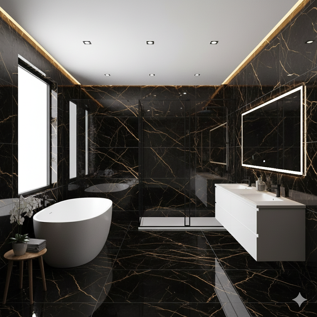 Atlantis Black And Gold Polished Porcelain Wall And Floor Tiles with luxurious marble effect and glossy finish.