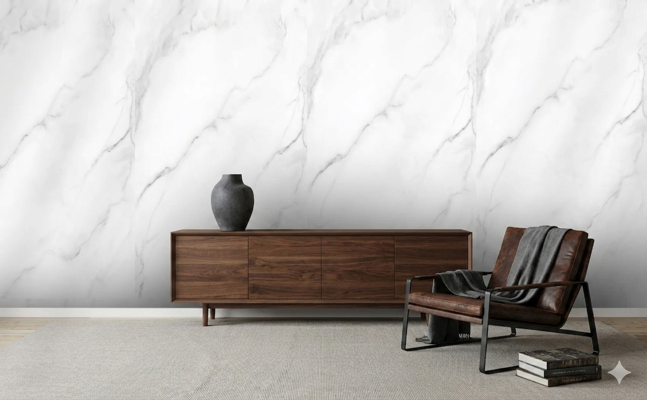 Basaltina light porcelain wall and floor tiles with white marble effect for modern interiors.