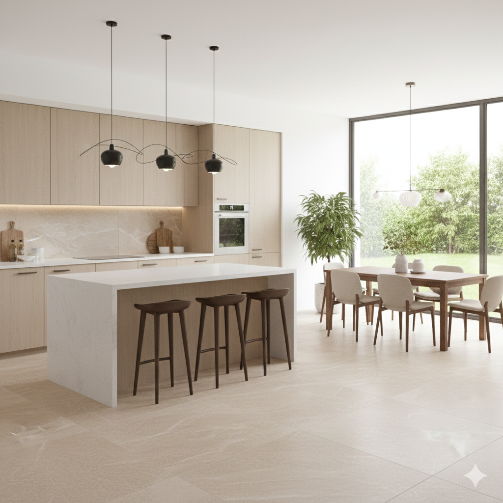 Beige and gold ceramic wall and floor tiles with contemporary matte design.
