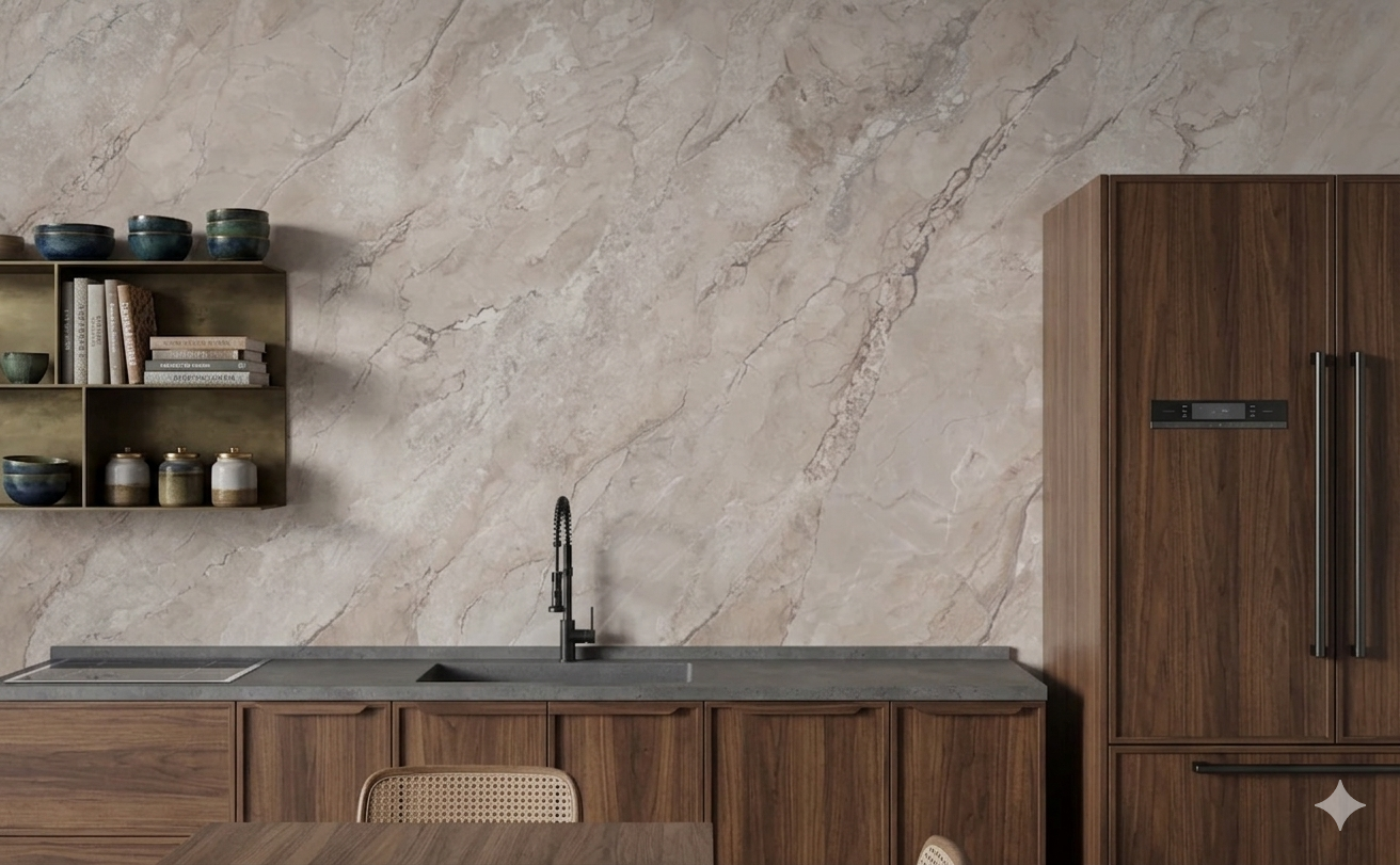 Beige marble porcelain wall and floor tiles in 600x1200mm with textured carved finish.
