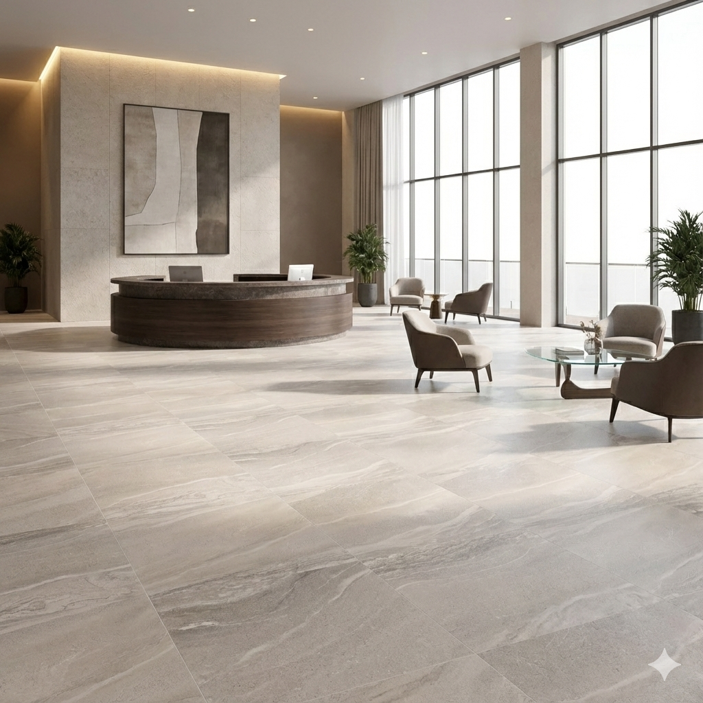 Bellagio Pearl matt grey porcelain wall and floor tiles with soft stone-inspired finish.