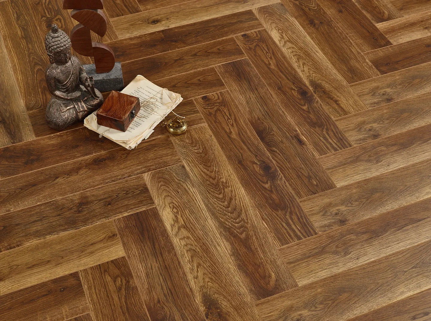 Bergen block herringbone laminate flooring water resistant with porcelain wall and floor tiles