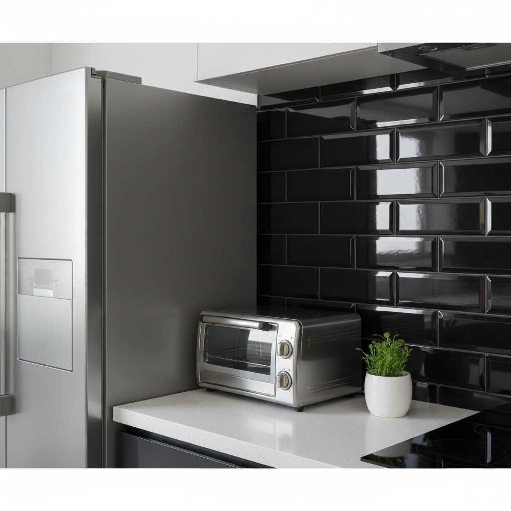 Black gloss bevelled porcelain wall and floor tiles with modern ceramic finish