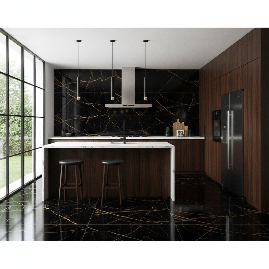 Black and gold ceramic wall and floor tiles with matte surface for modern interiors.