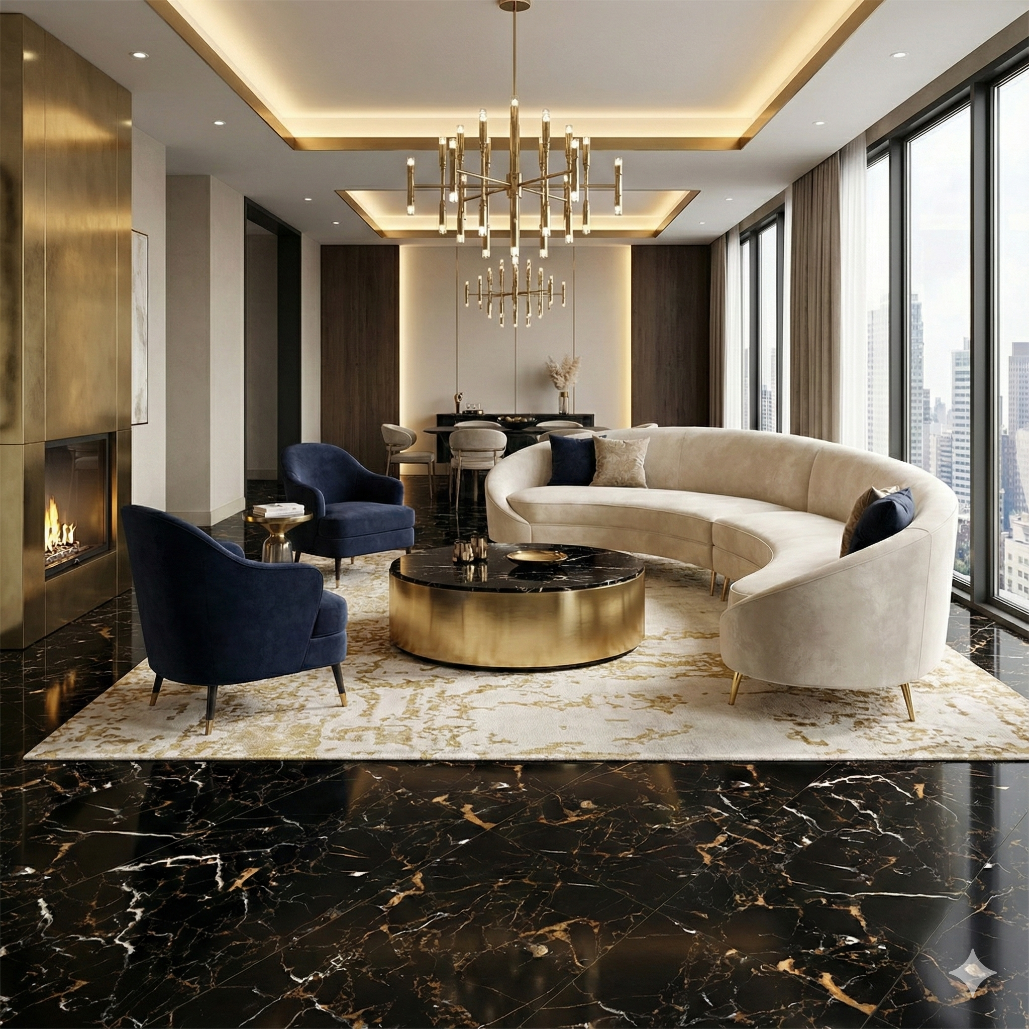 Black Marble Porcelain Wall And Floor Tiles with elegant golden streaks for modern interiors.