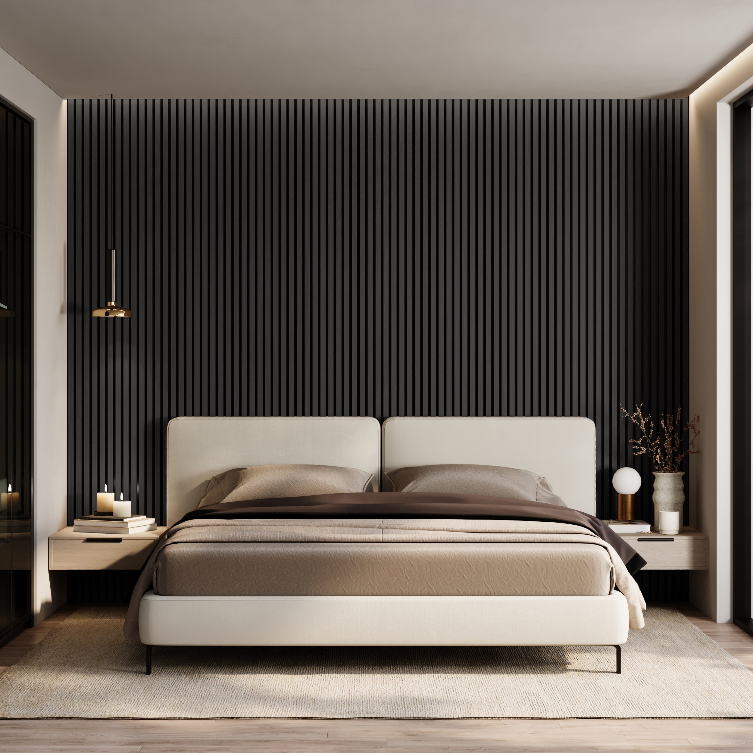 Black Oak wood grain premium acoustic wall panels for soundproofing home theaters and office spaces.