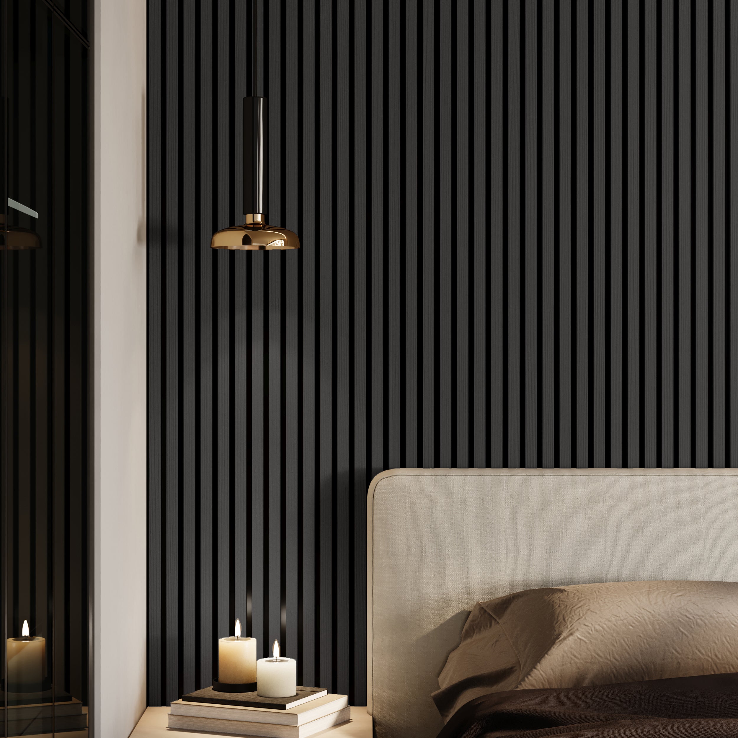 Elegant black oak wood veneer acoustic panels, noise-reducing premium wall panels for residential and commercial use.