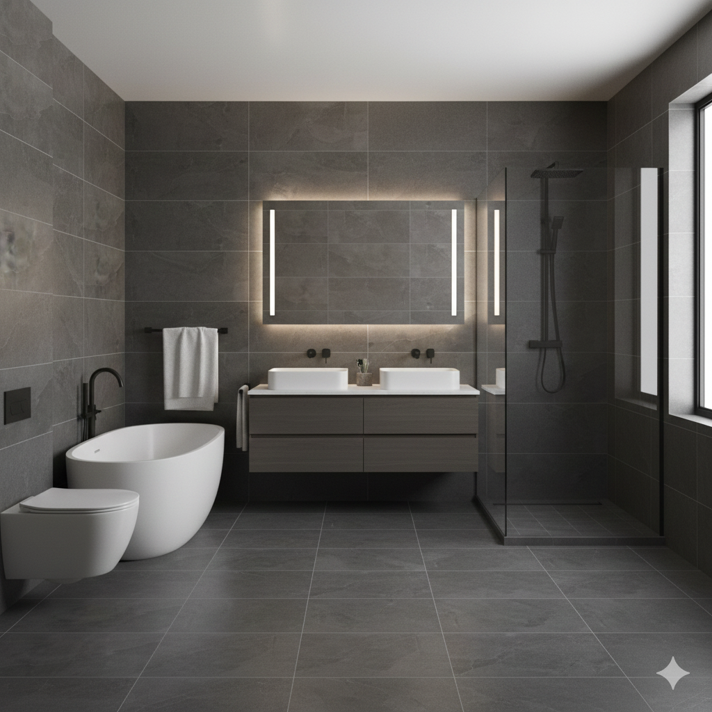 Black Stone Effect Porcelain Wall And Floor Tiles with matt R11 anti slip finish