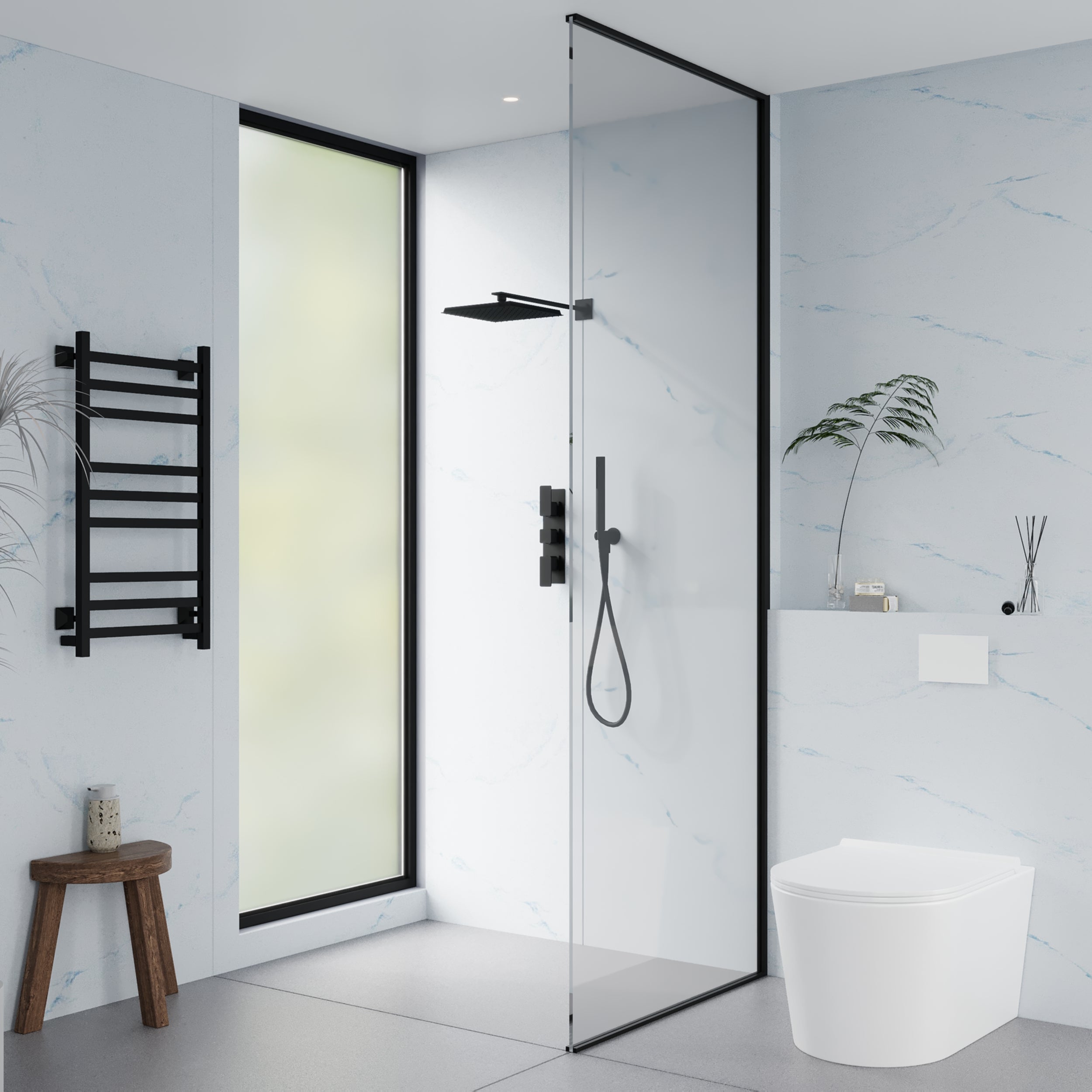 Blue marble smooth gloss PVC shower panels with rich veining for modern bathrooms.