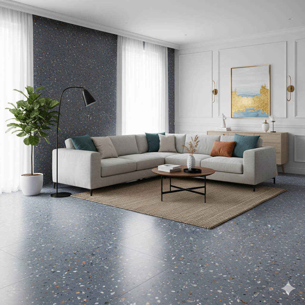 Terrazzo effect blue ceramic wall and floor tiles with matte finish for modern interiors.