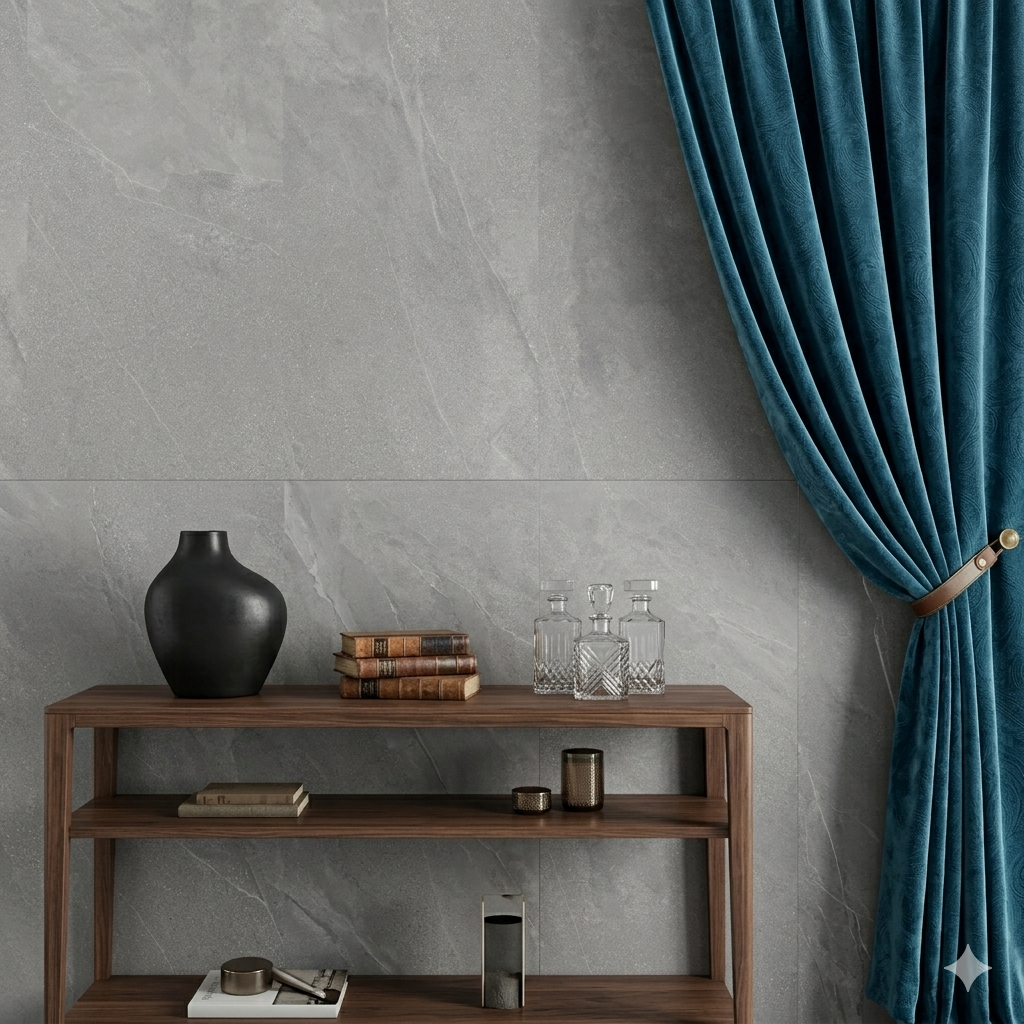 Brazzil grey porcelain wall and floor tiles with stone effect and geometric modern design.