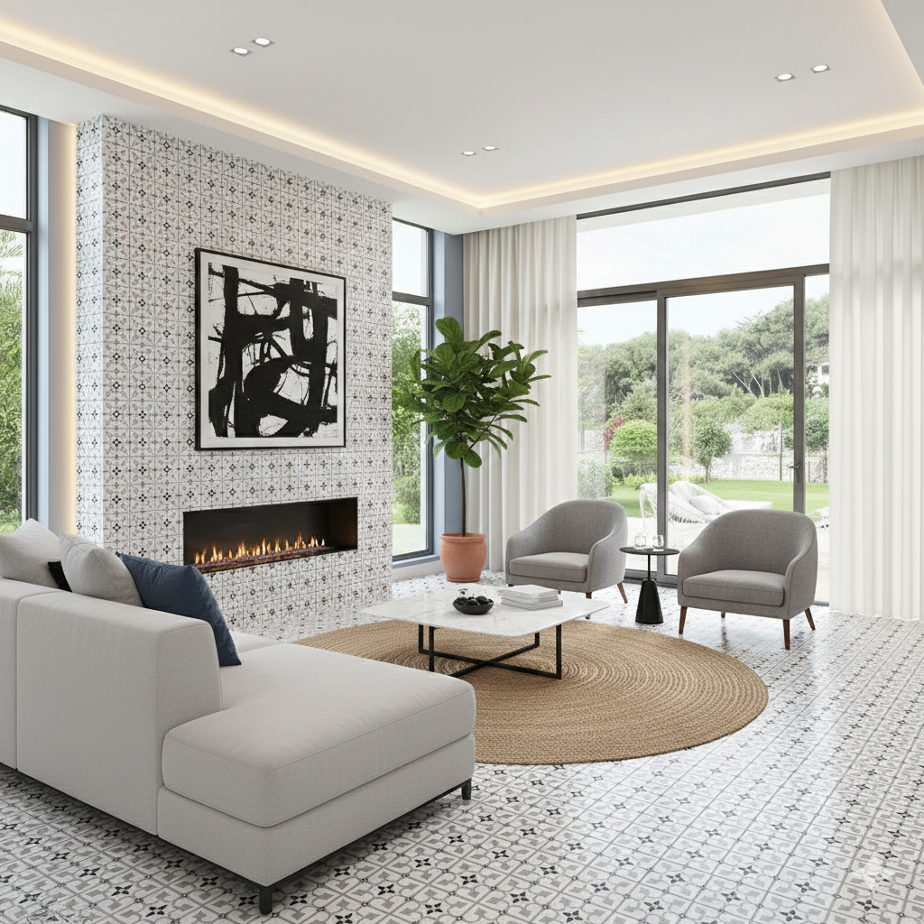 Brighton decorative grey matt porcelain wall and floor tiles with subtle patterned design.