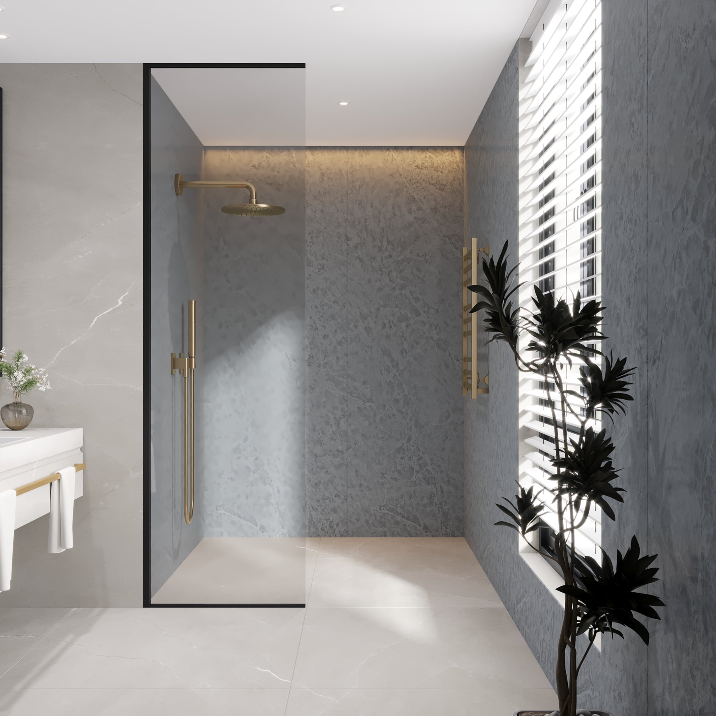 Brushed Bardiglio waterproof shower panels in soft grey marble effect for modern bathrooms.