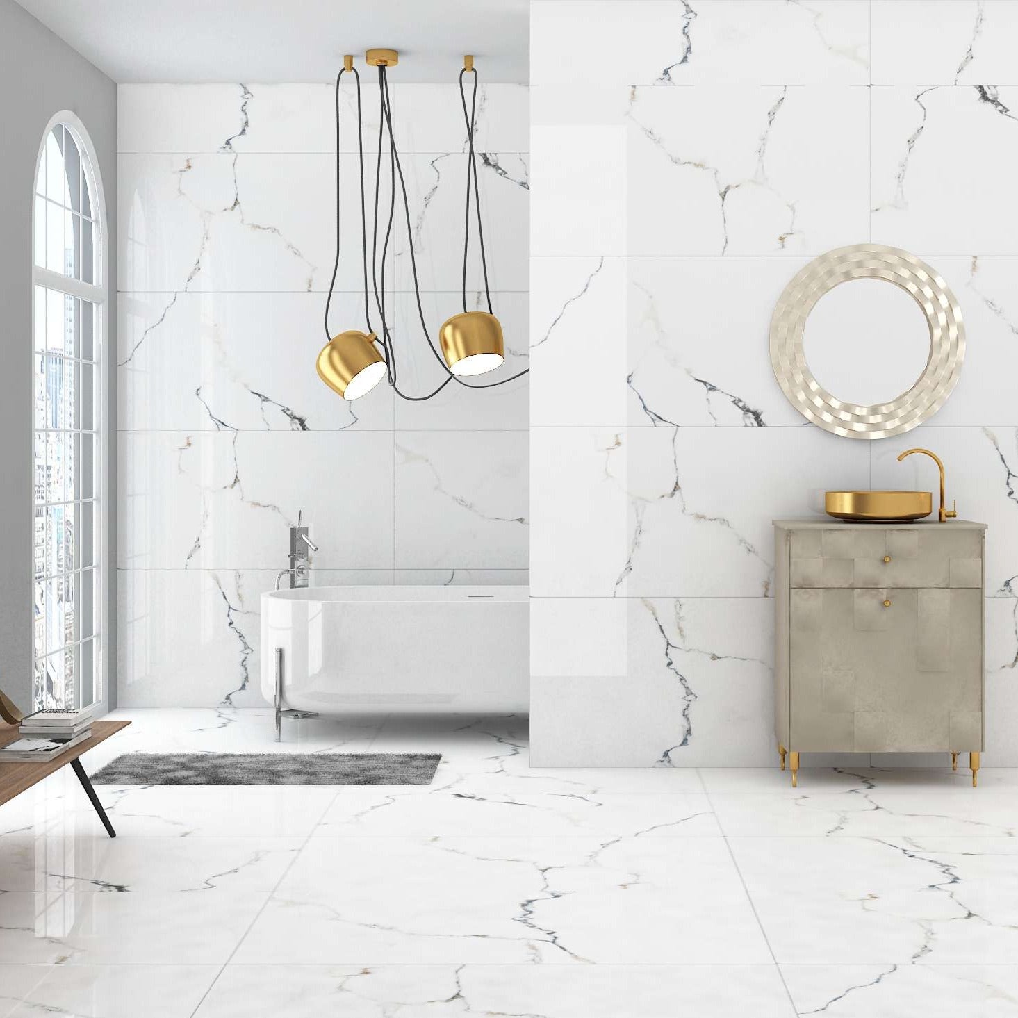 Calacatta Calvin Porcelain Wall And Floor Tiles with bold grey veins